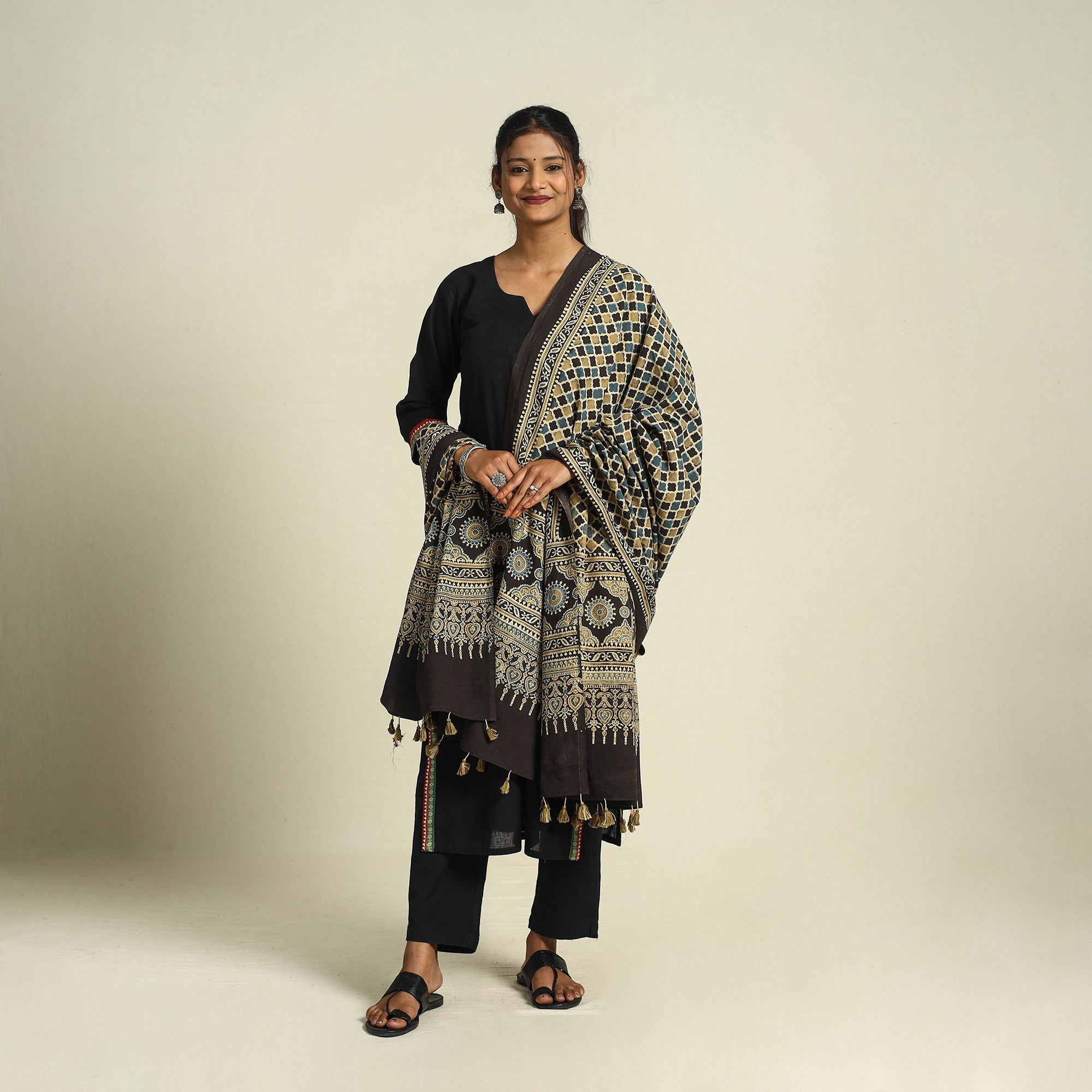  Multicolor Block Print Cotton Ajrakh Dupatta With Tassels