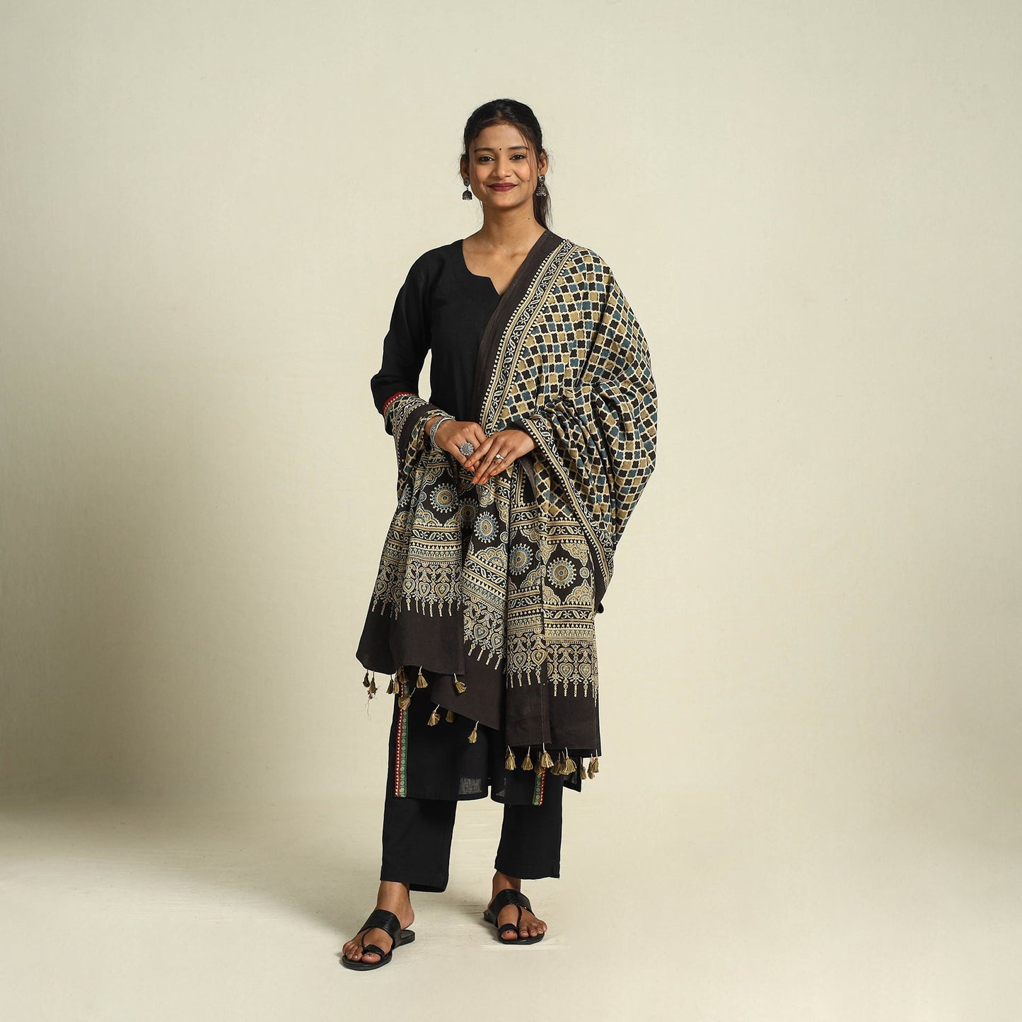  Multicolor Block Print Cotton Ajrakh Dupatta With Tassels