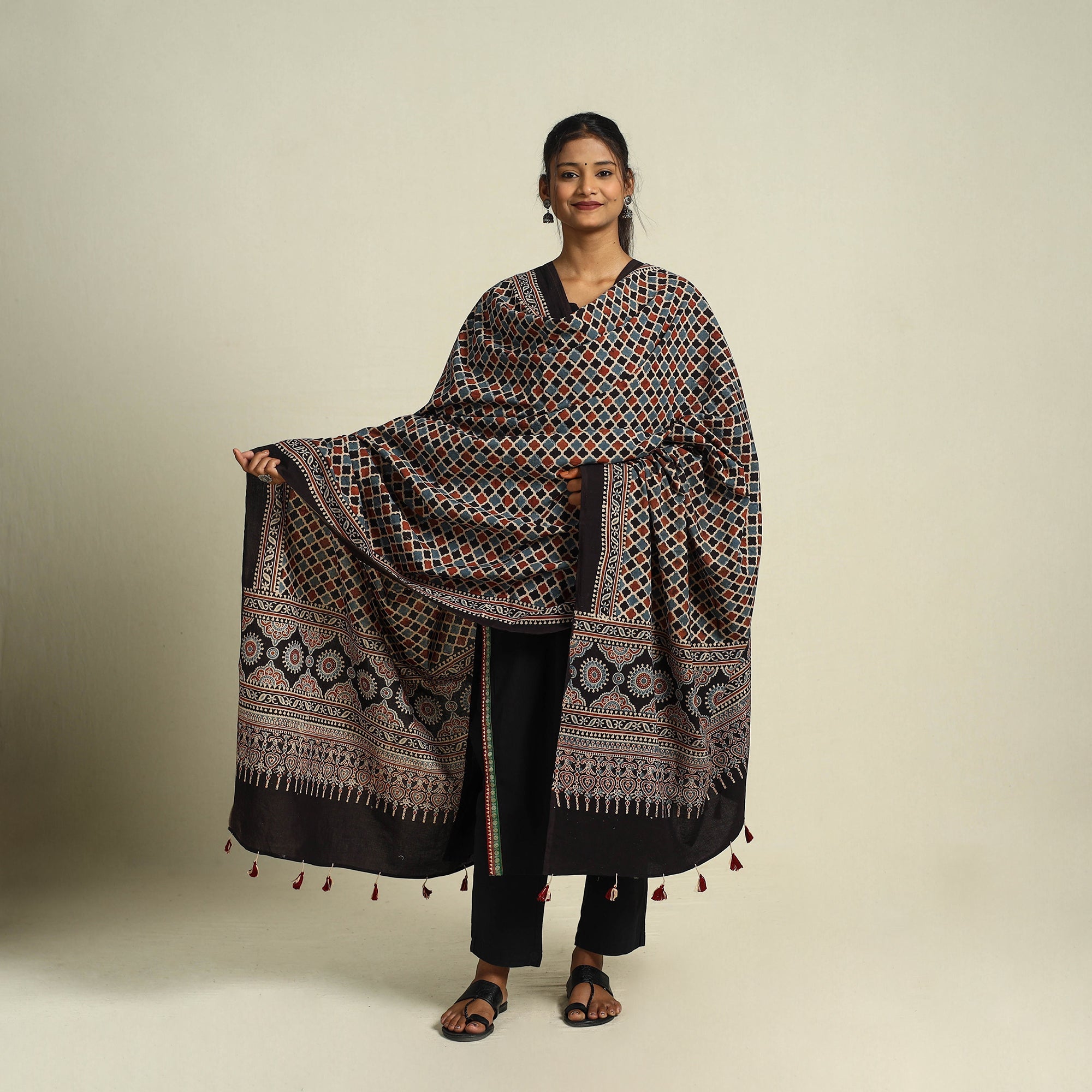 Buy Multicolor Block Print Cotton Ajrakh Dupatta With Tassels