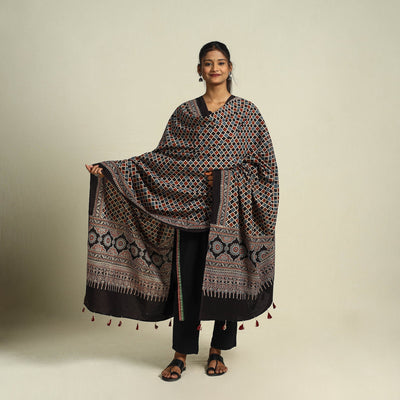 Buy Multicolor Block Print Cotton Ajrakh Dupatta With Tassels
