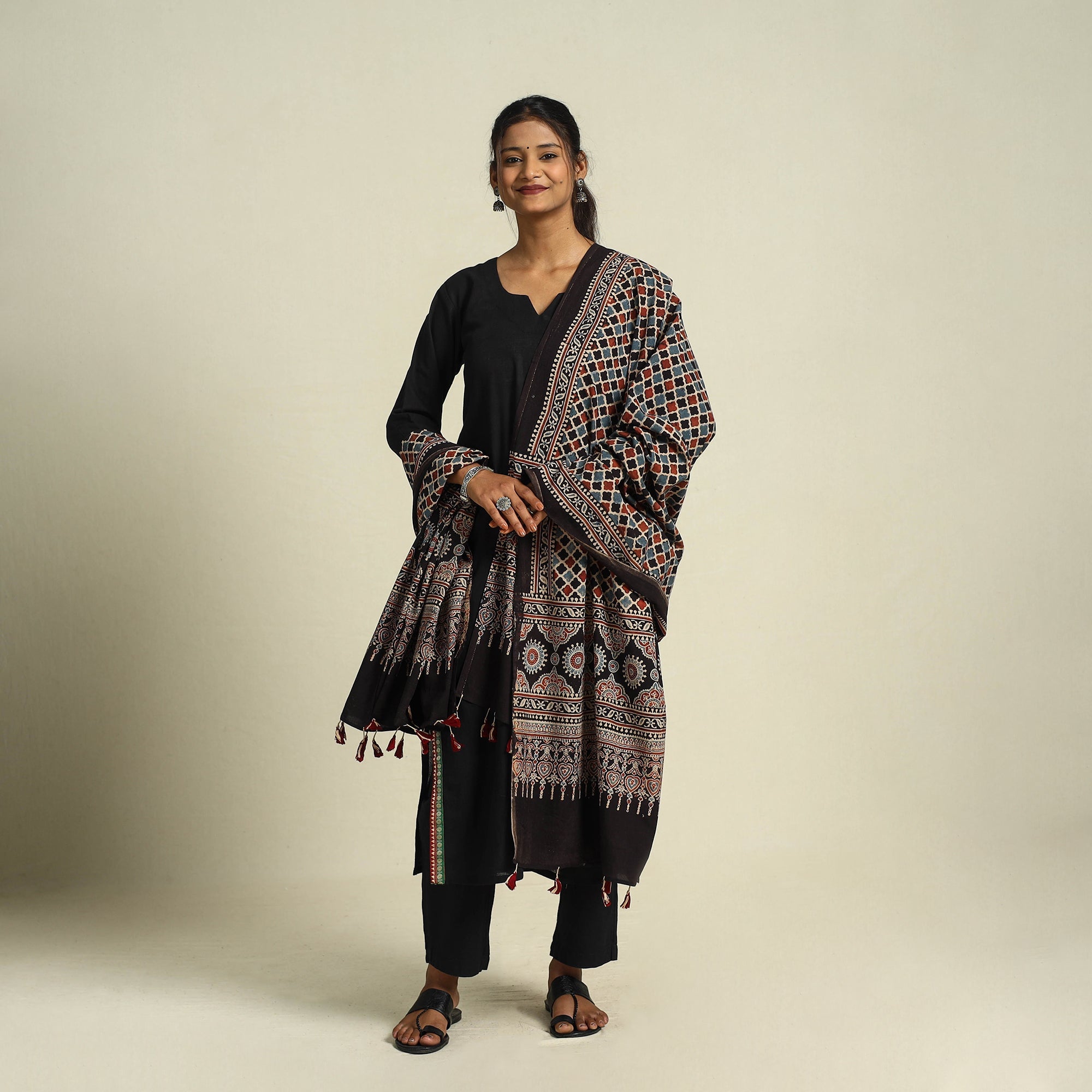 Buy Multicolor Block Print Cotton Ajrakh Dupatta With Tassels