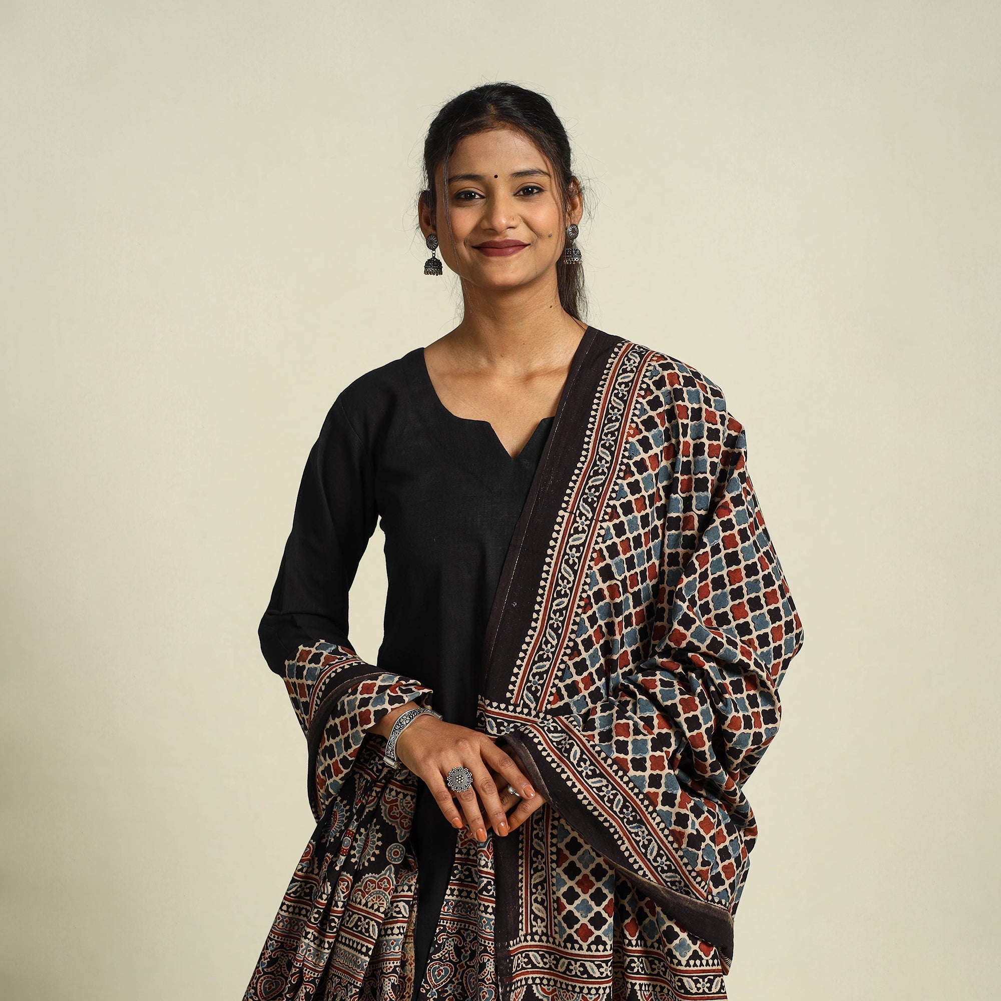 Buy Multicolor Block Print Cotton Ajrakh Dupatta With Tassels