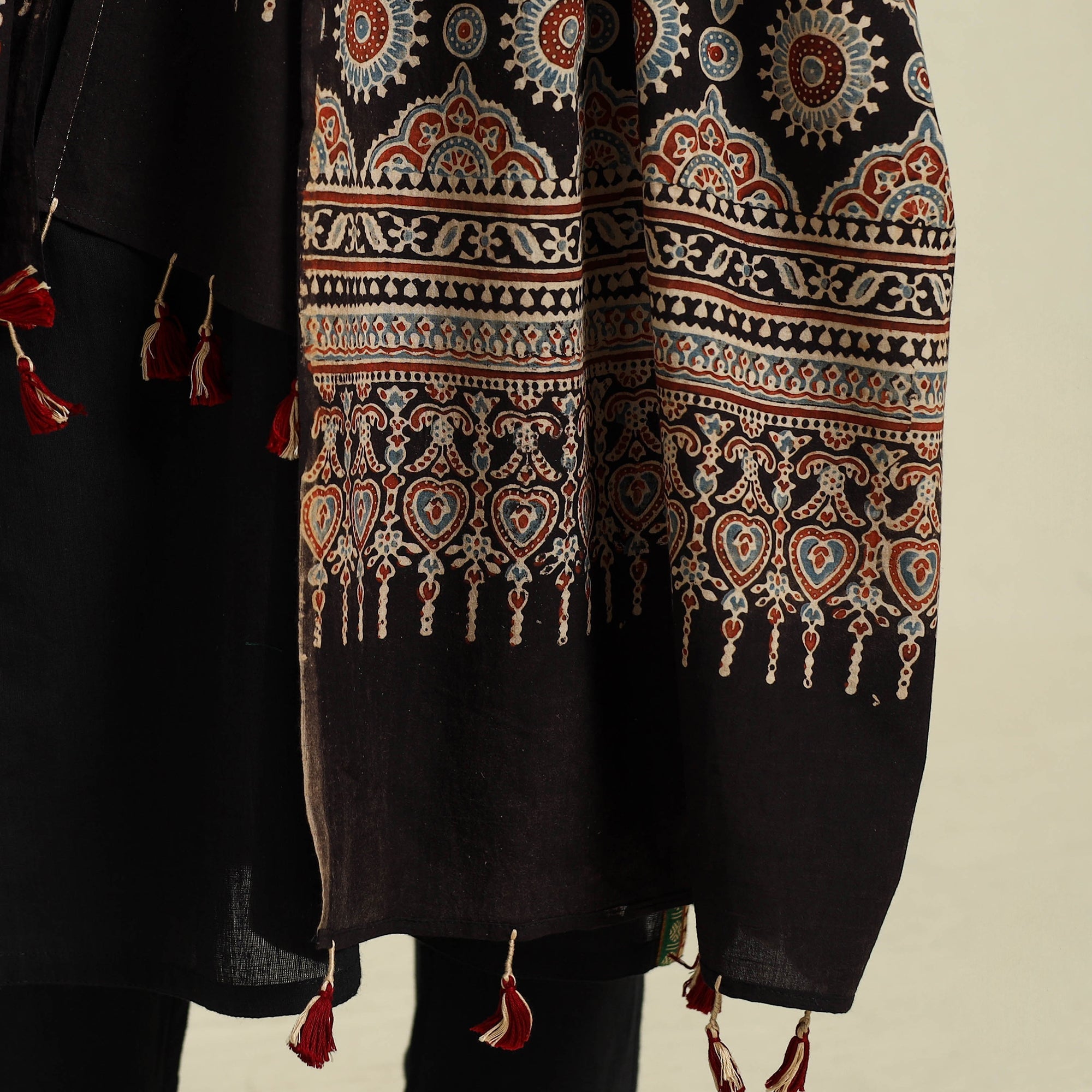 Buy Multicolor Block Print Cotton Ajrakh Dupatta With Tassels