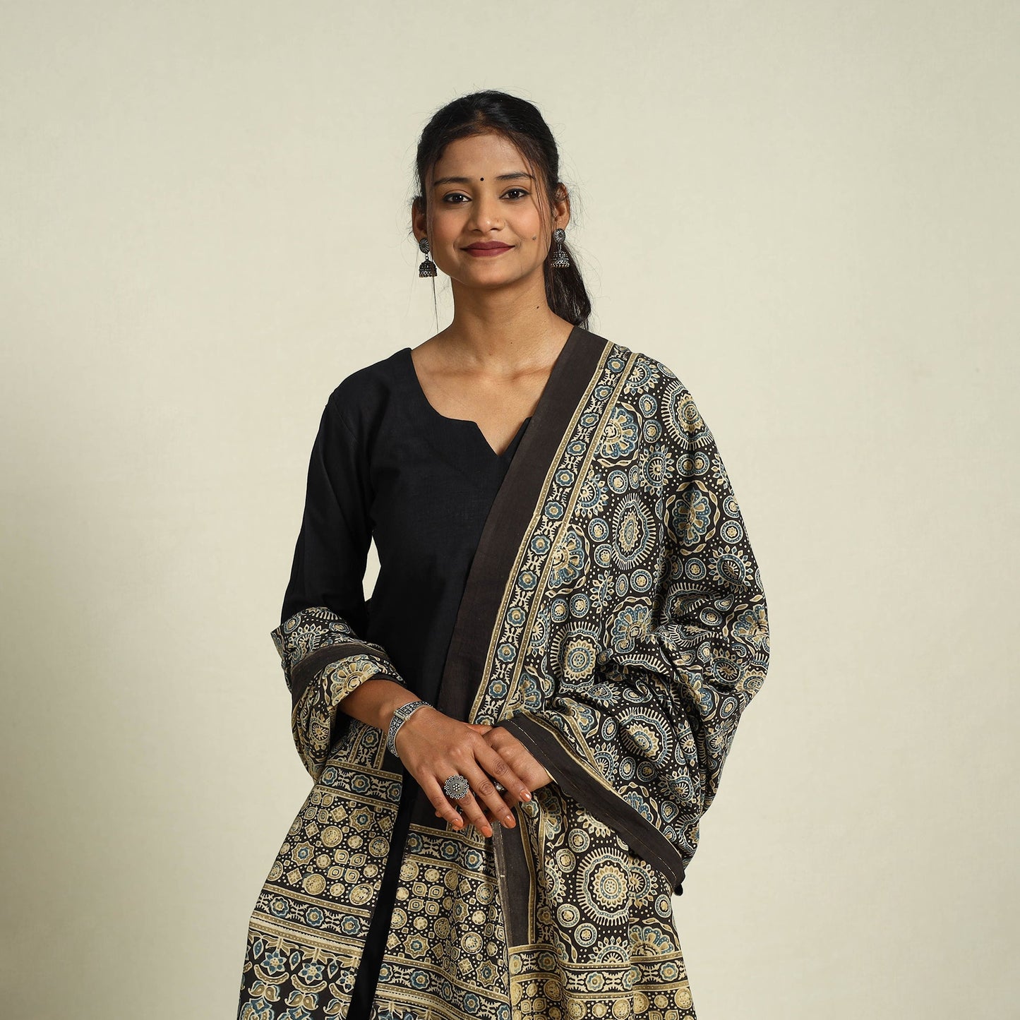 Buy Multicolor Block Print Cotton Ajrakh Dupatta With Tassels