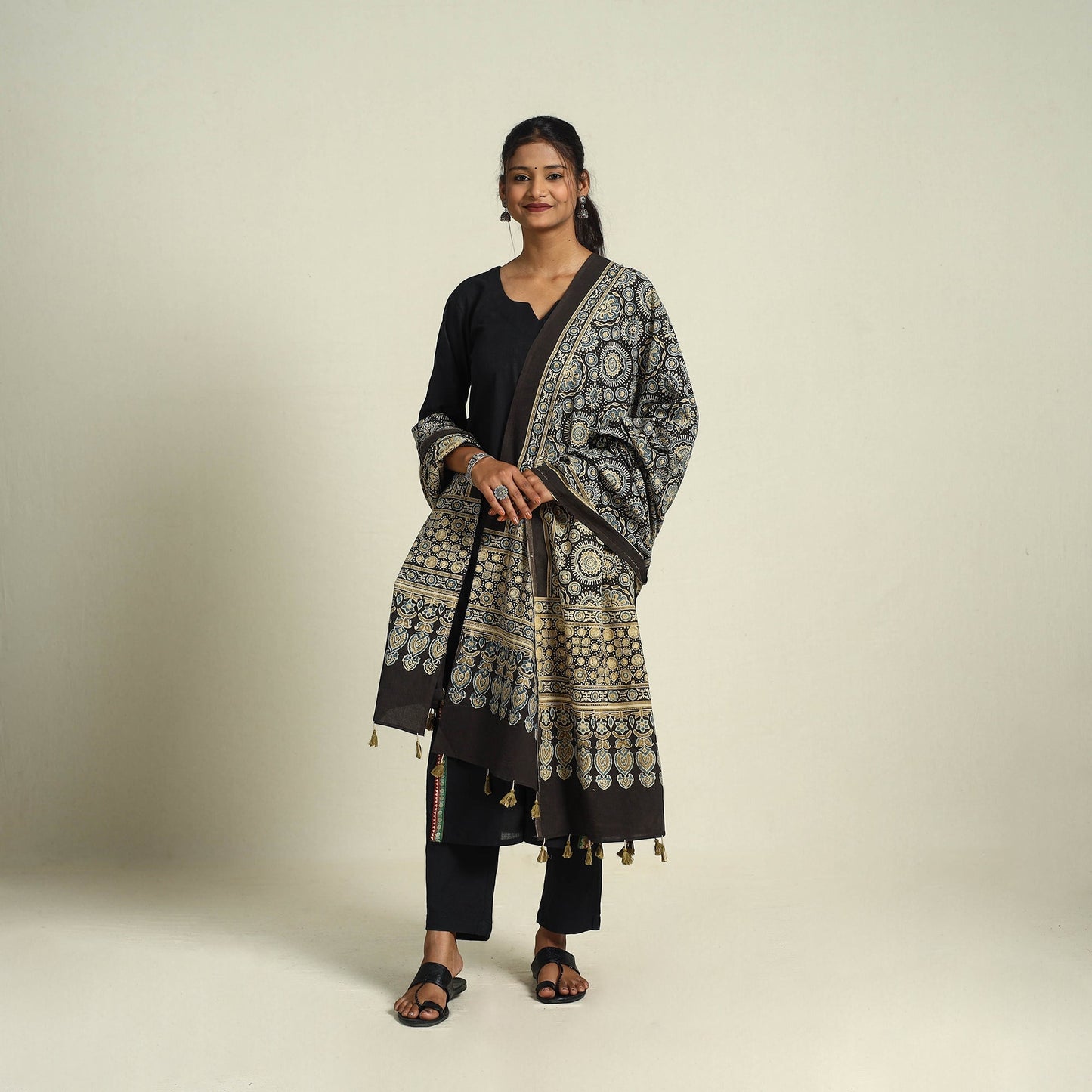 Buy Multicolor Block Print Cotton Ajrakh Dupatta With Tassels