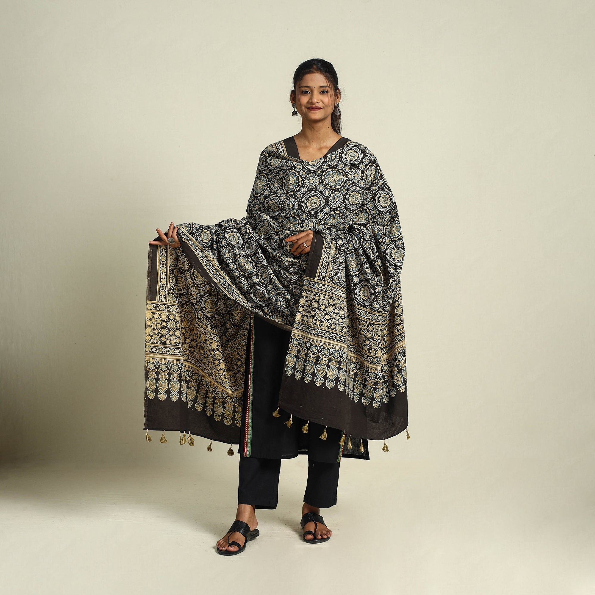Buy Multicolor Block Print Cotton Ajrakh Dupatta With Tassels