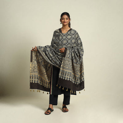 Buy Multicolor Block Print Cotton Ajrakh Dupatta With Tassels