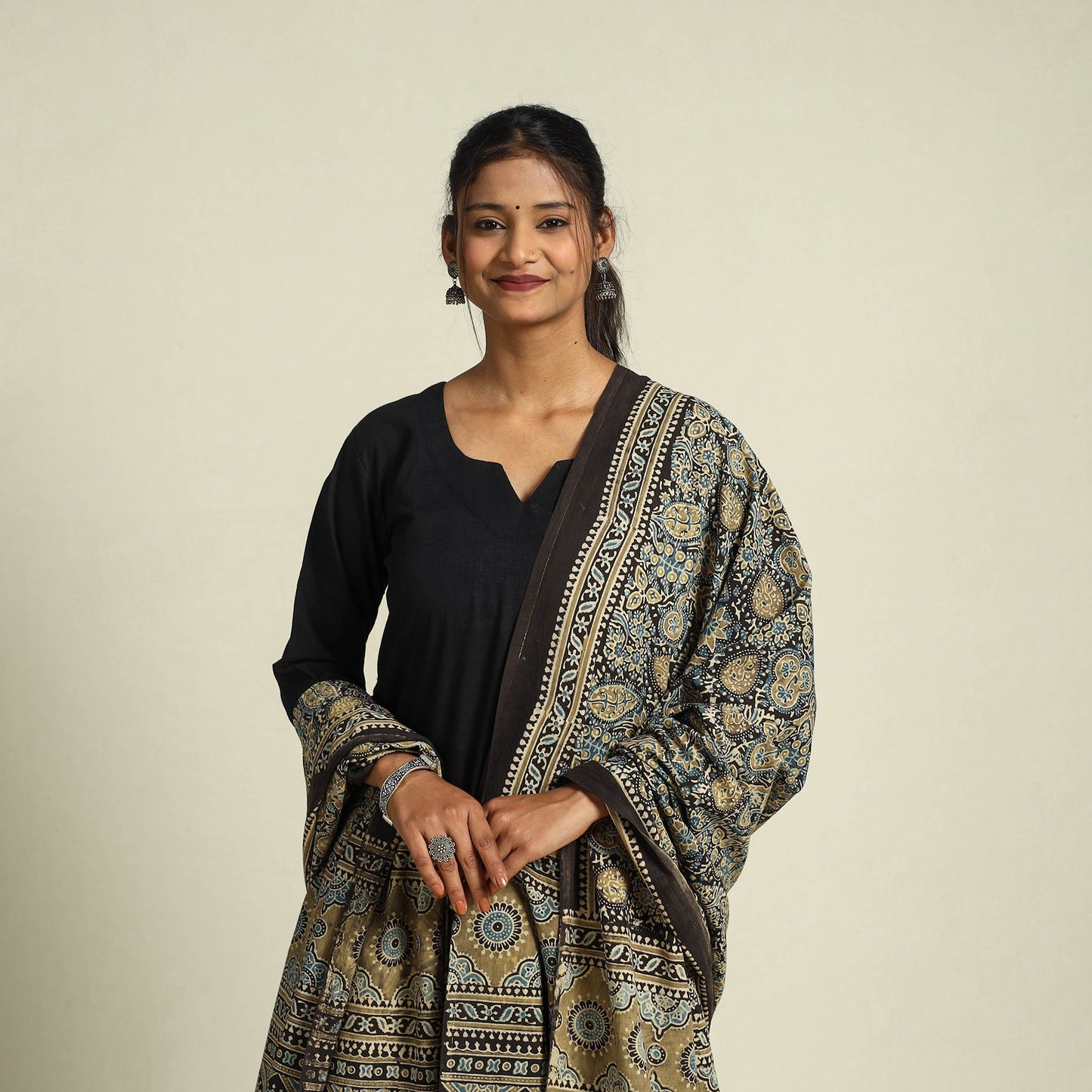 Buy Multicolor Block Print Cotton Ajrakh Dupatta With Tassels