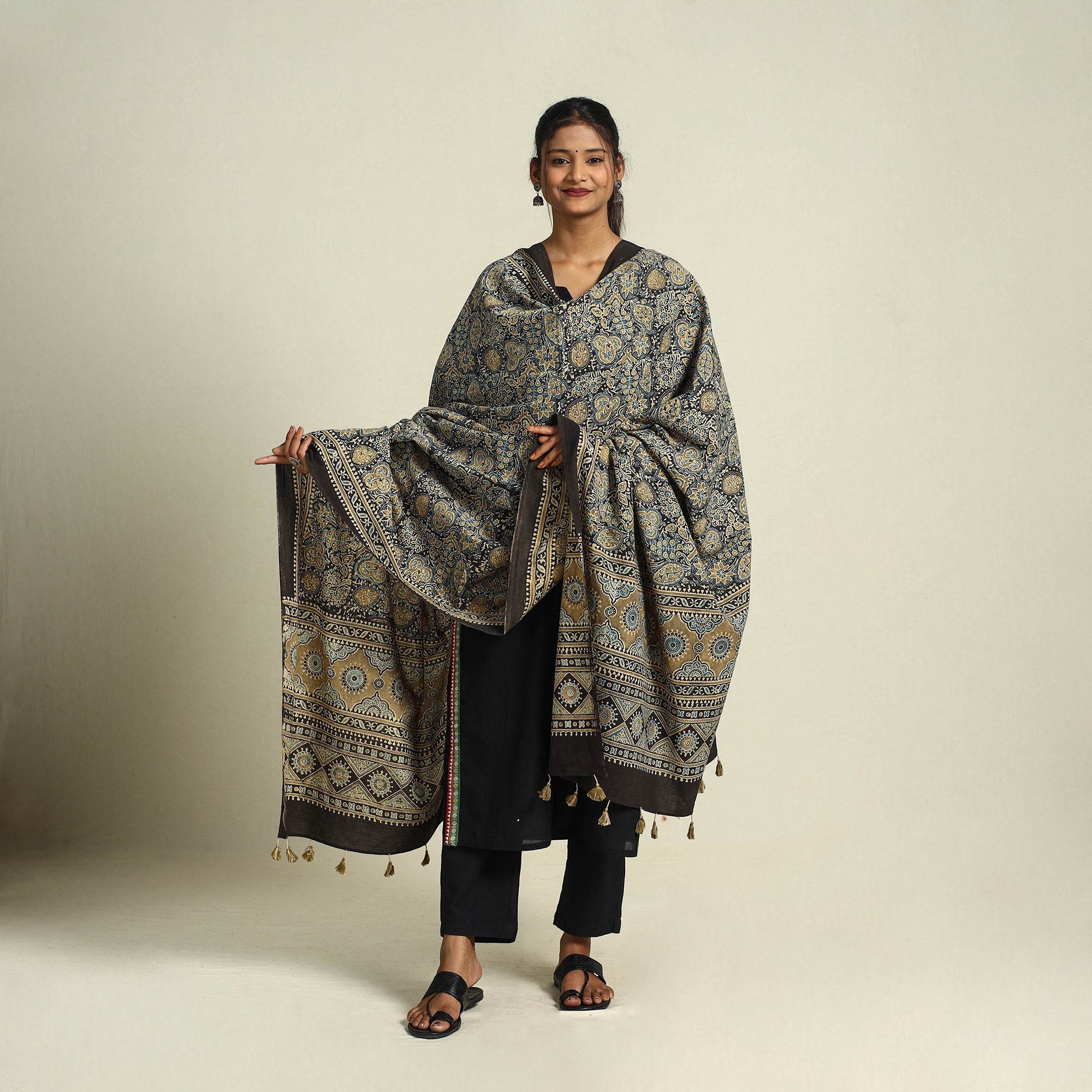 Buy Multicolor Block Print Cotton Ajrakh Dupatta With Tassels