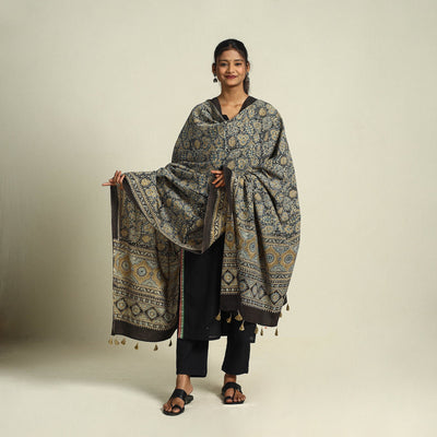 Buy Multicolor Block Print Cotton Ajrakh Dupatta With Tassels