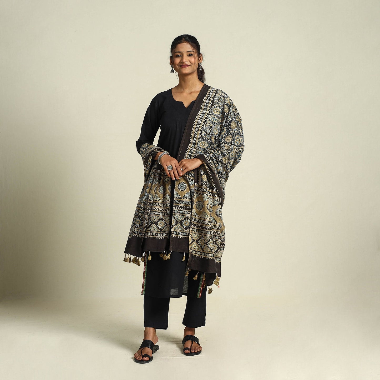 Buy Multicolor Block Print Cotton Ajrakh Dupatta With Tassels