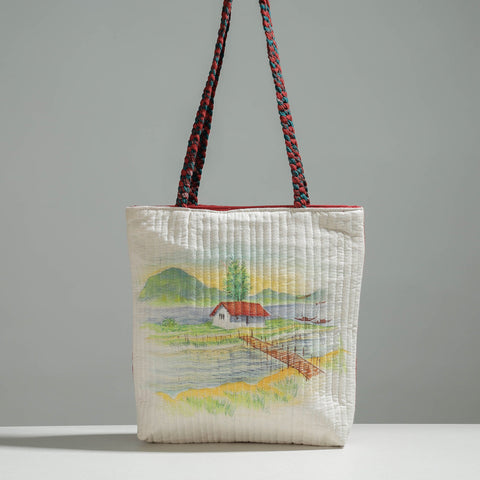 Multicolor Gamcha Fabric Handpainted Cotton Hand Bag