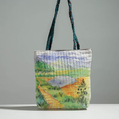 Multicolor Gamcha Fabric Handpainted Cotton Hand Bag