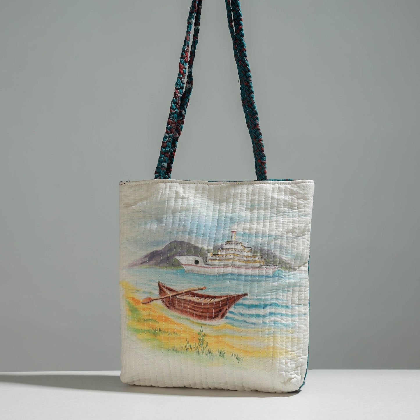 Multicolor Gamcha Fabric Handpainted Cotton Hand Bag