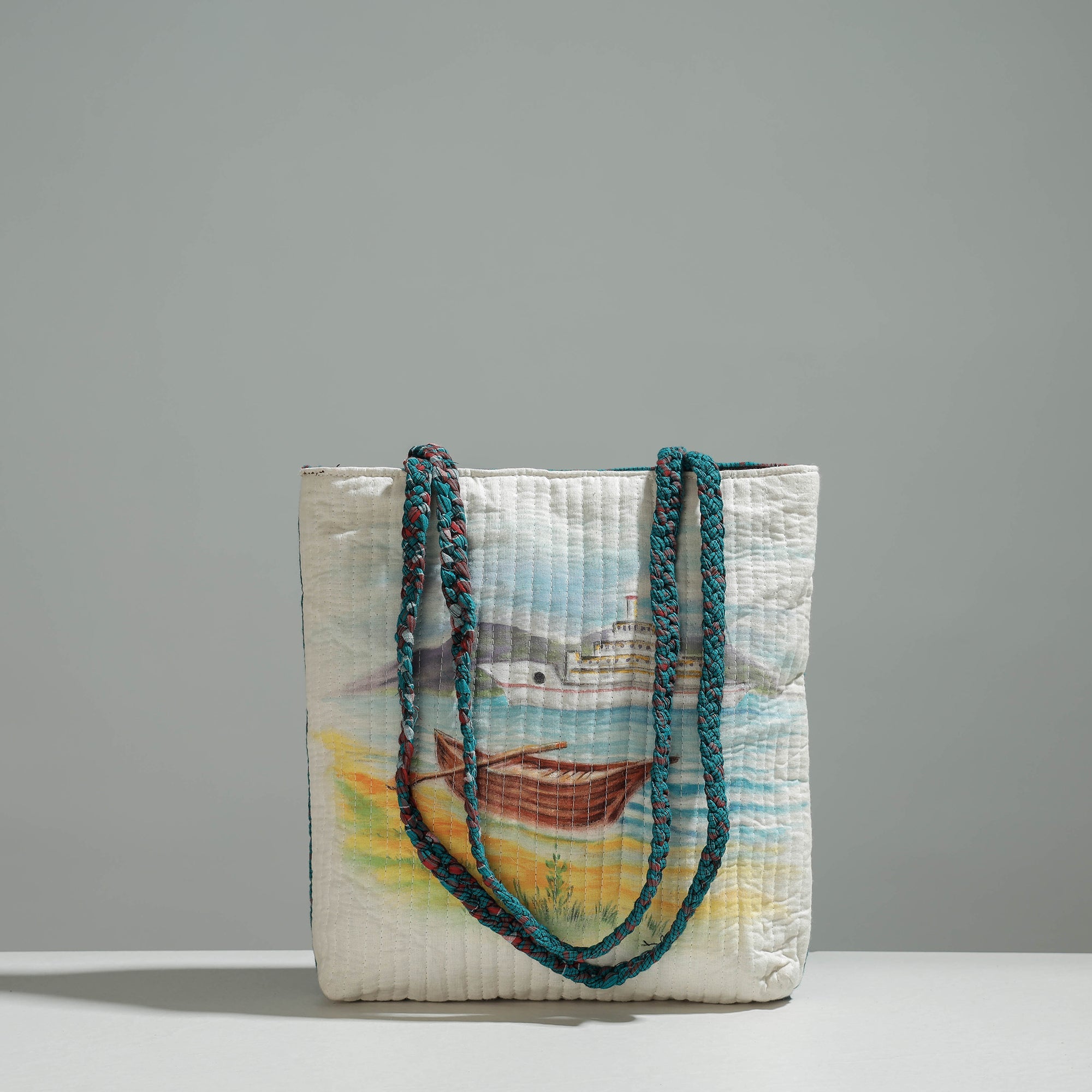 Multicolor Gamcha Fabric Handpainted Cotton Hand Bag