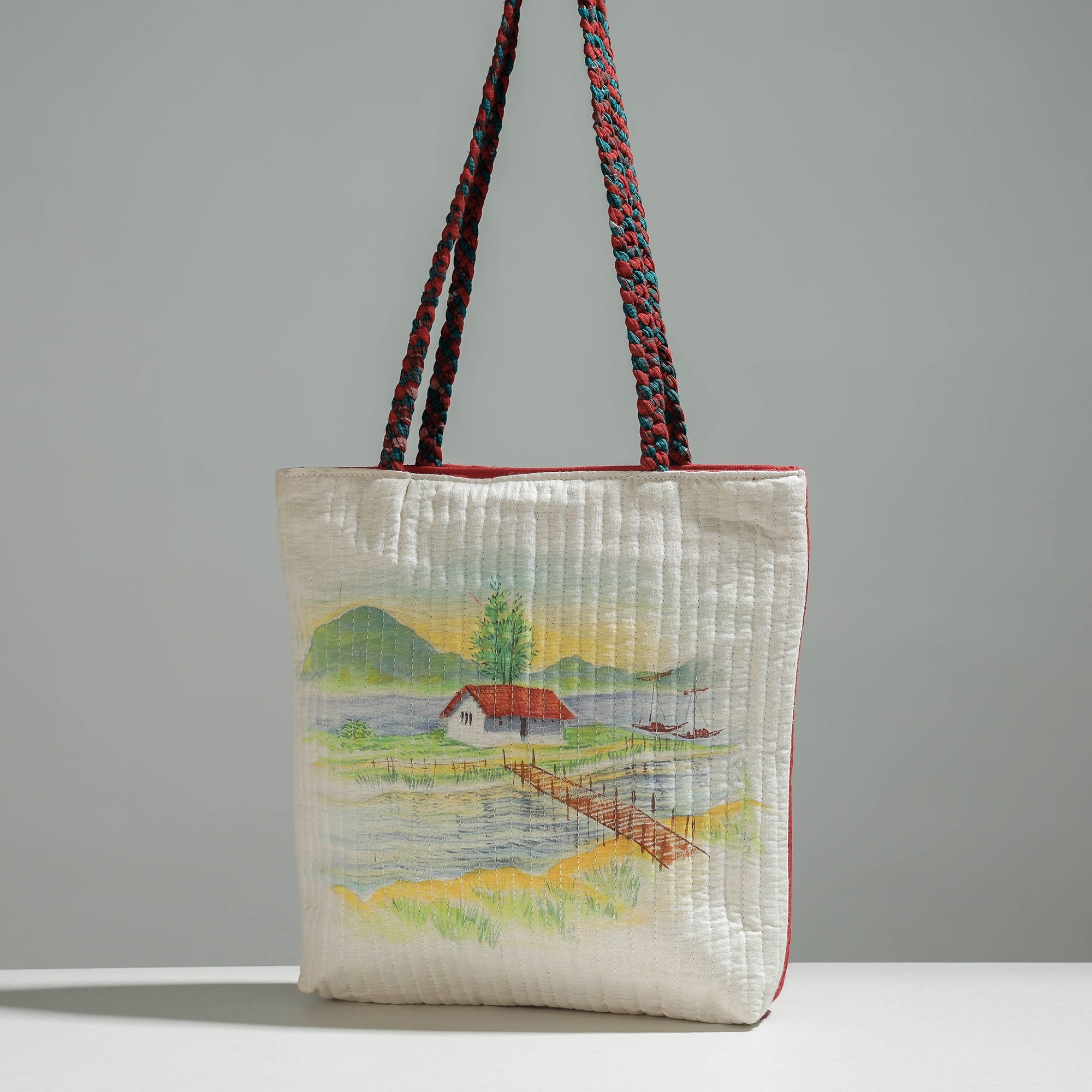 Multicolor Gamcha Fabric Handpainted Cotton Hand Bag