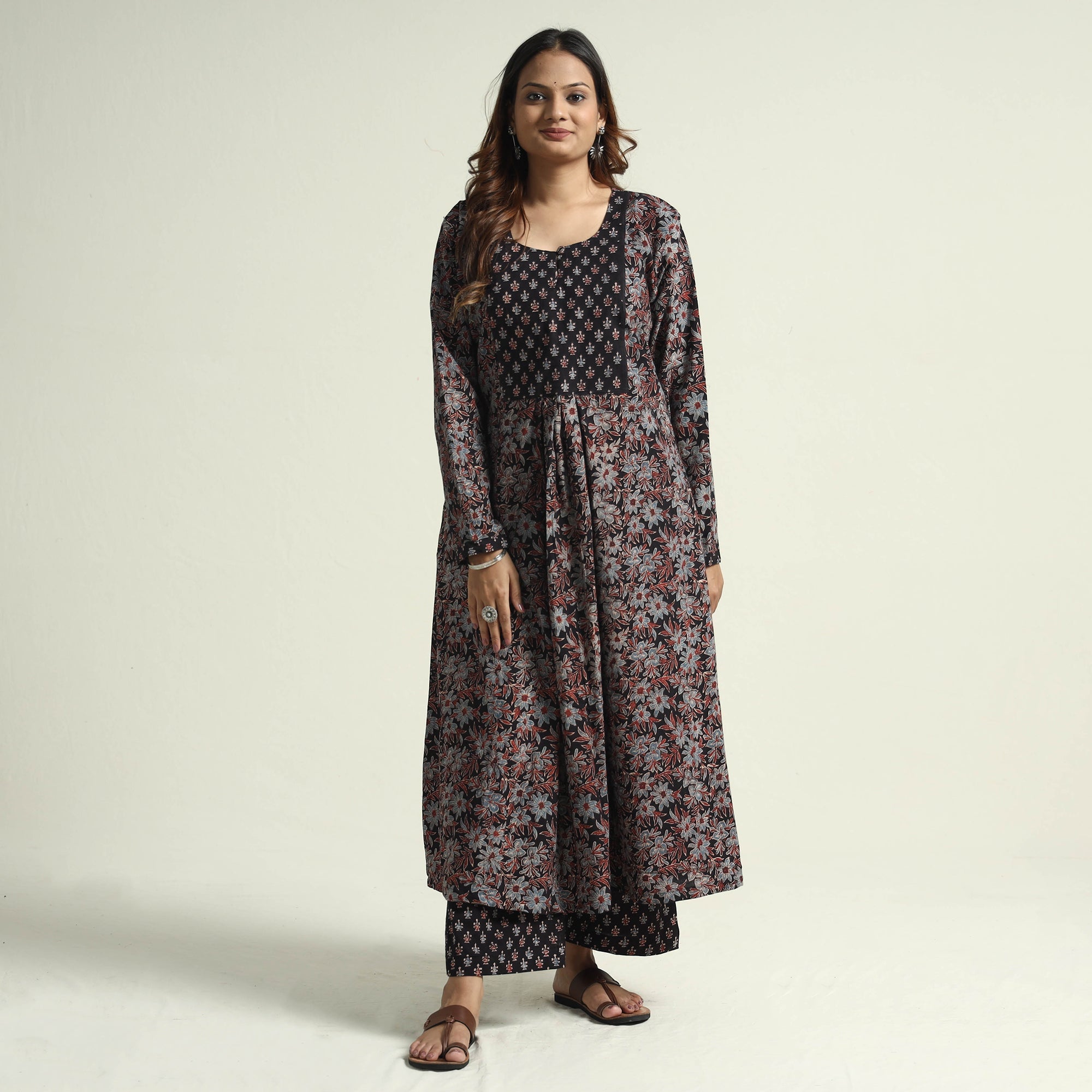 Buy Block Print Cotton Flared Ajrakh Kurta with Palazzo Set