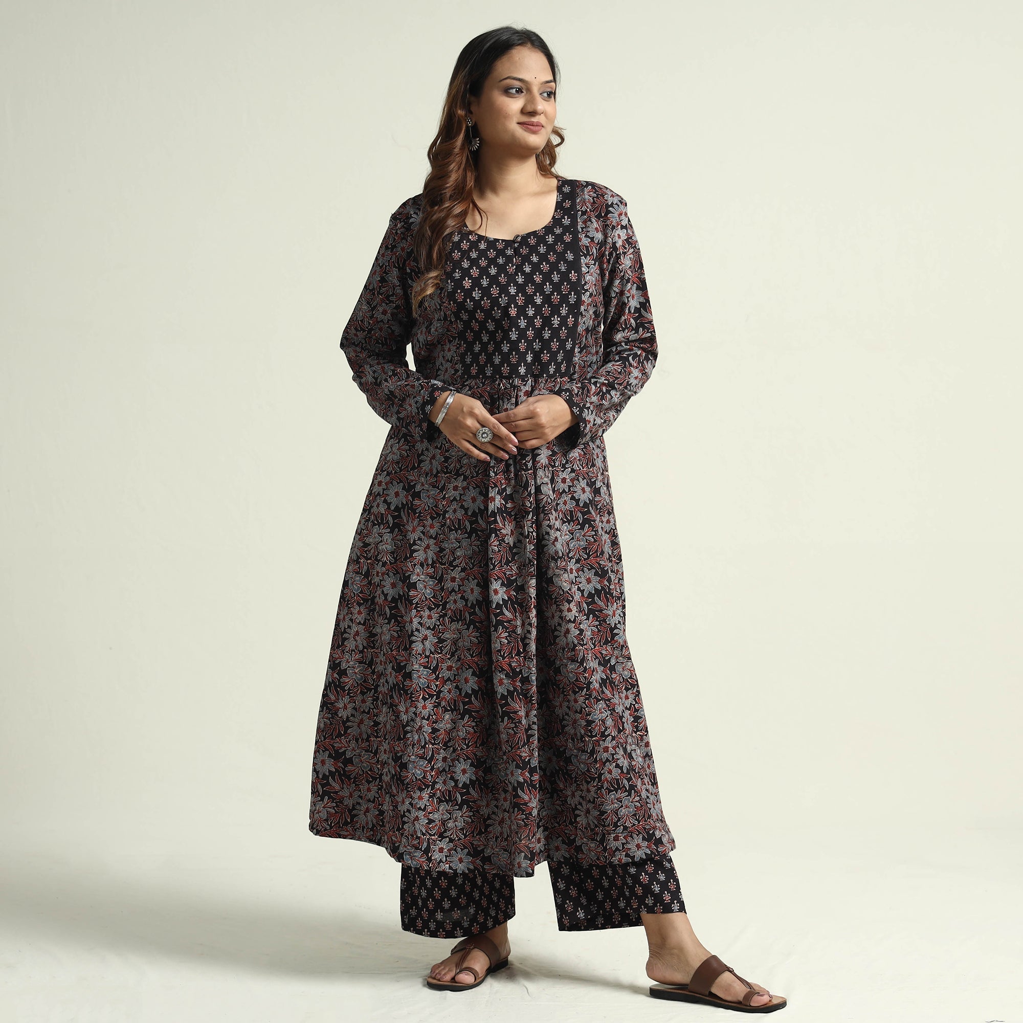 Buy Block Print Cotton Flared Ajrakh Kurta with Palazzo Set