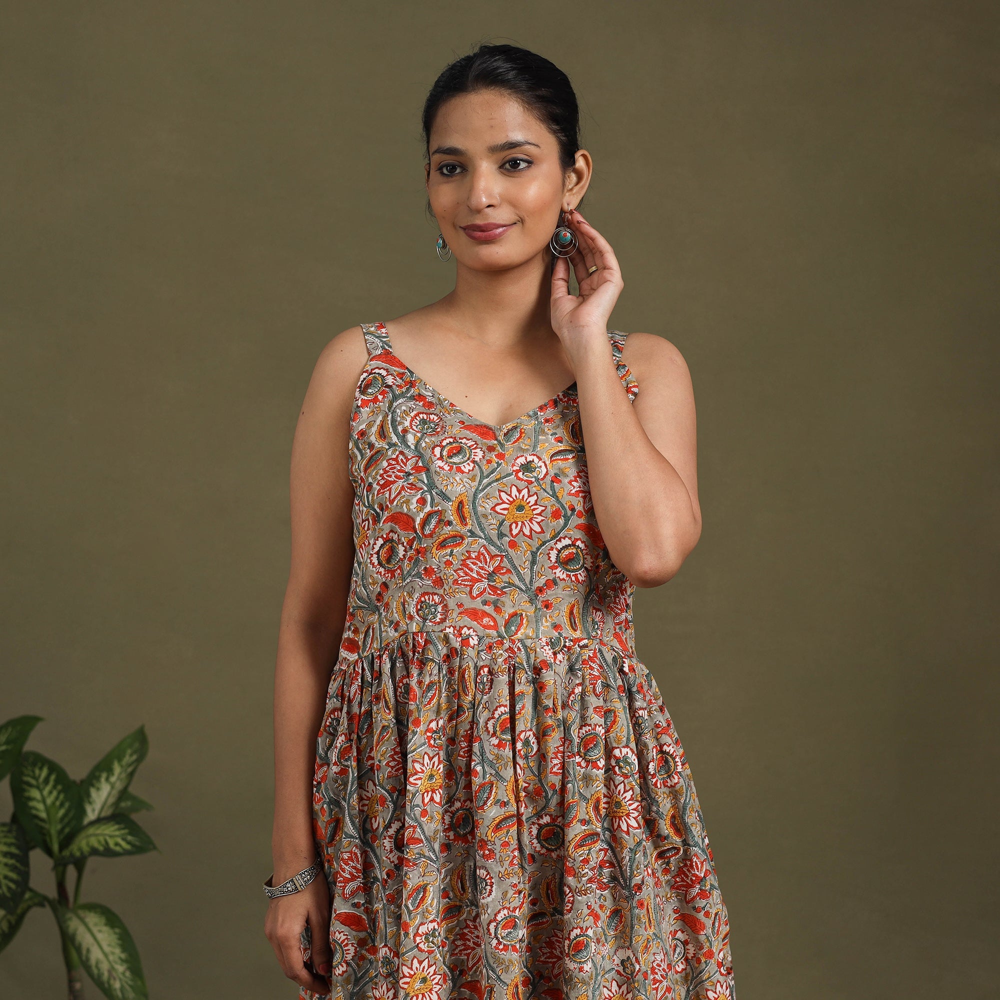 Multicolor Block Print Cotton Flared Sanganeri Dress