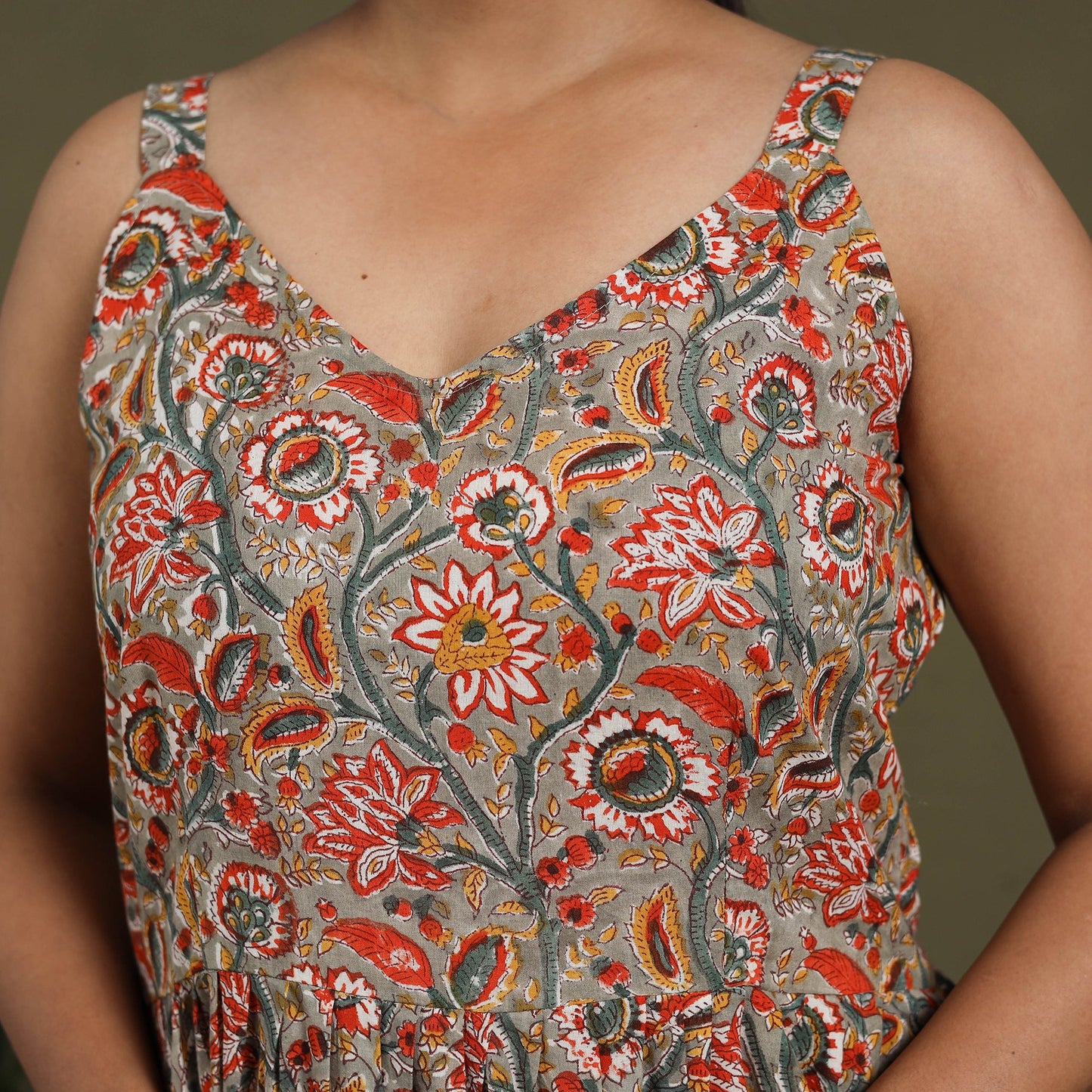 Multicolor Block Print Cotton Flared Sanganeri Dress