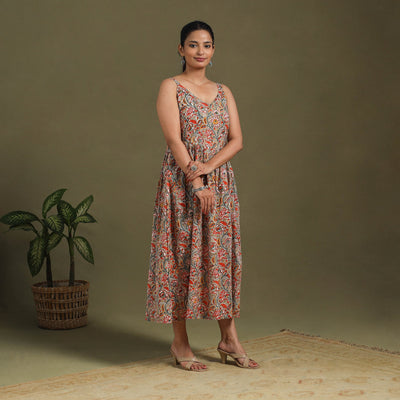 Multicolor Block Print Cotton Flared Sanganeri Dress