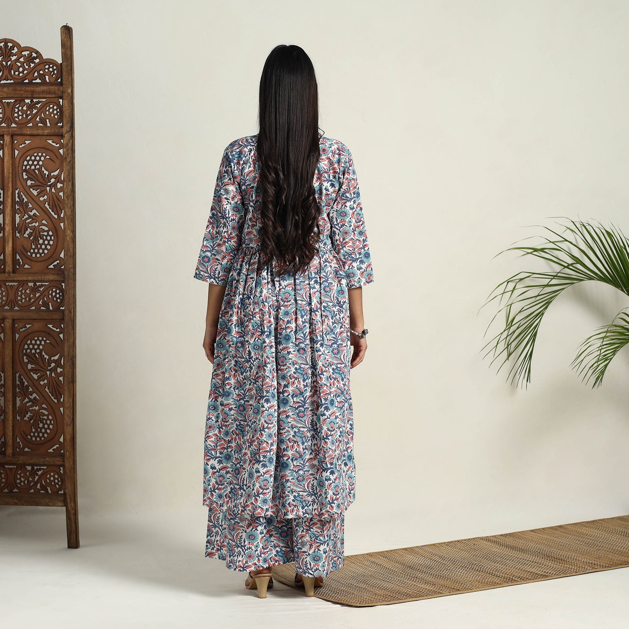  Multicolor Block Print Cotton Flared Sanganeri Kurta Set