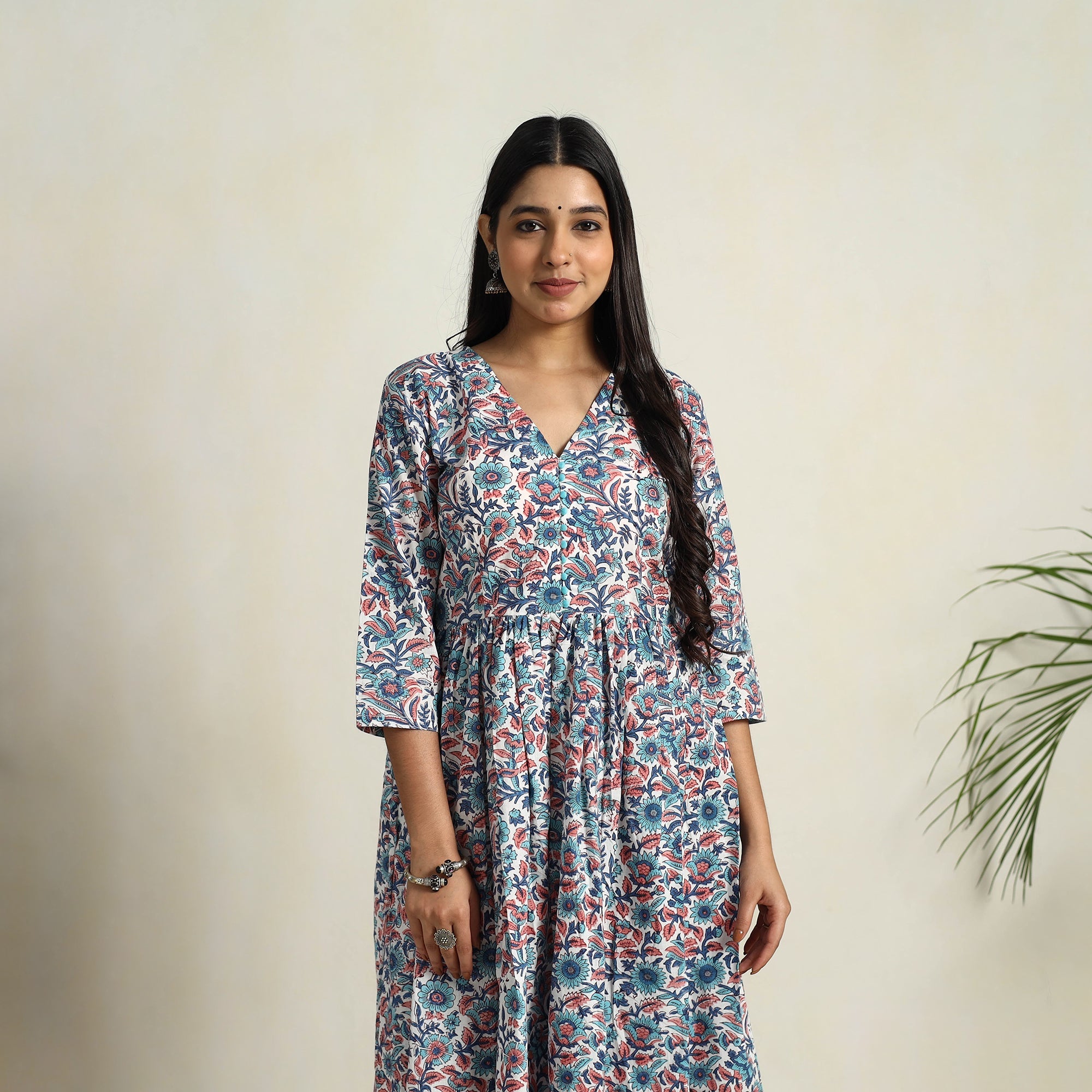  Multicolor Block Print Cotton Flared Sanganeri Kurta Set
