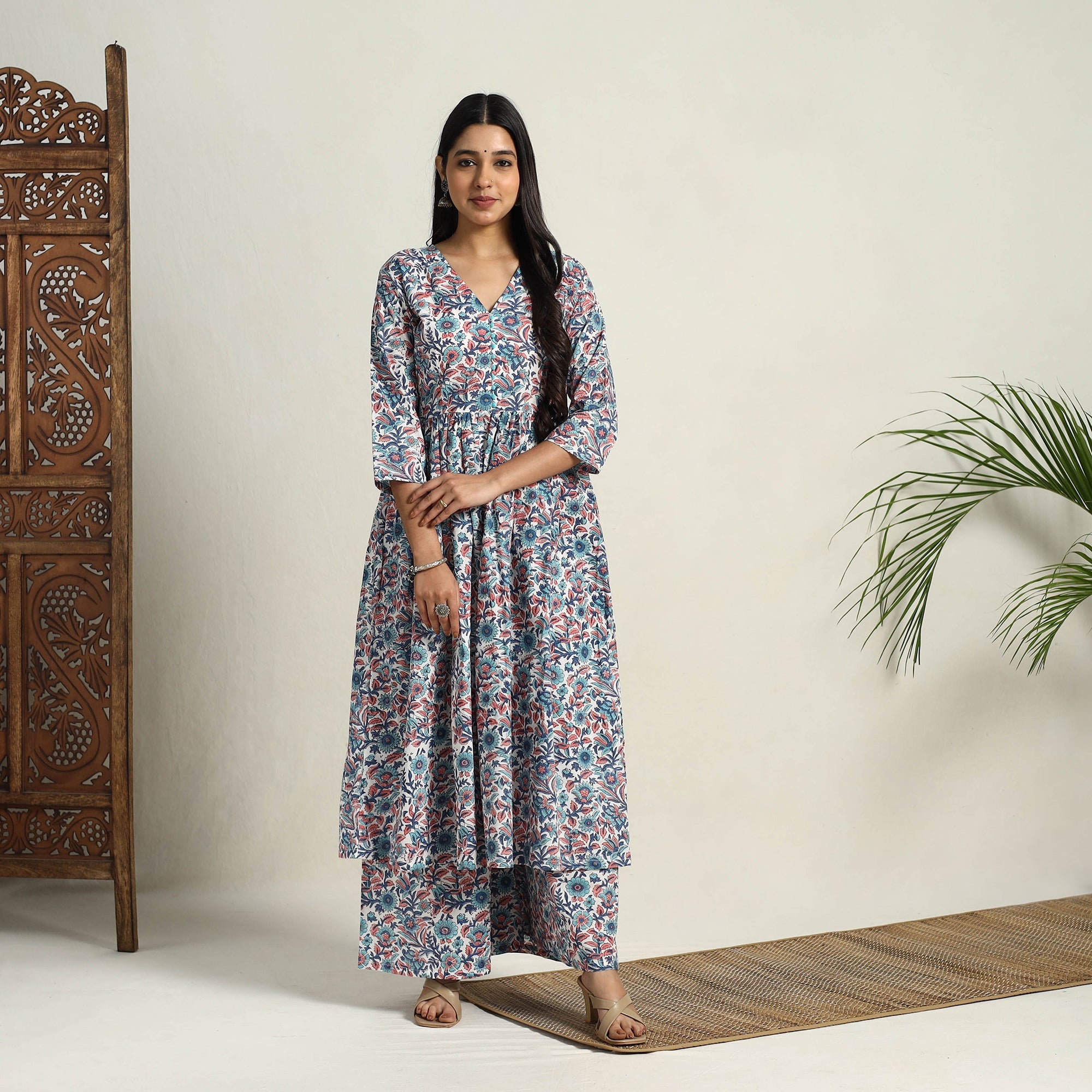  Multicolor Block Print Cotton Flared Sanganeri Kurta Set