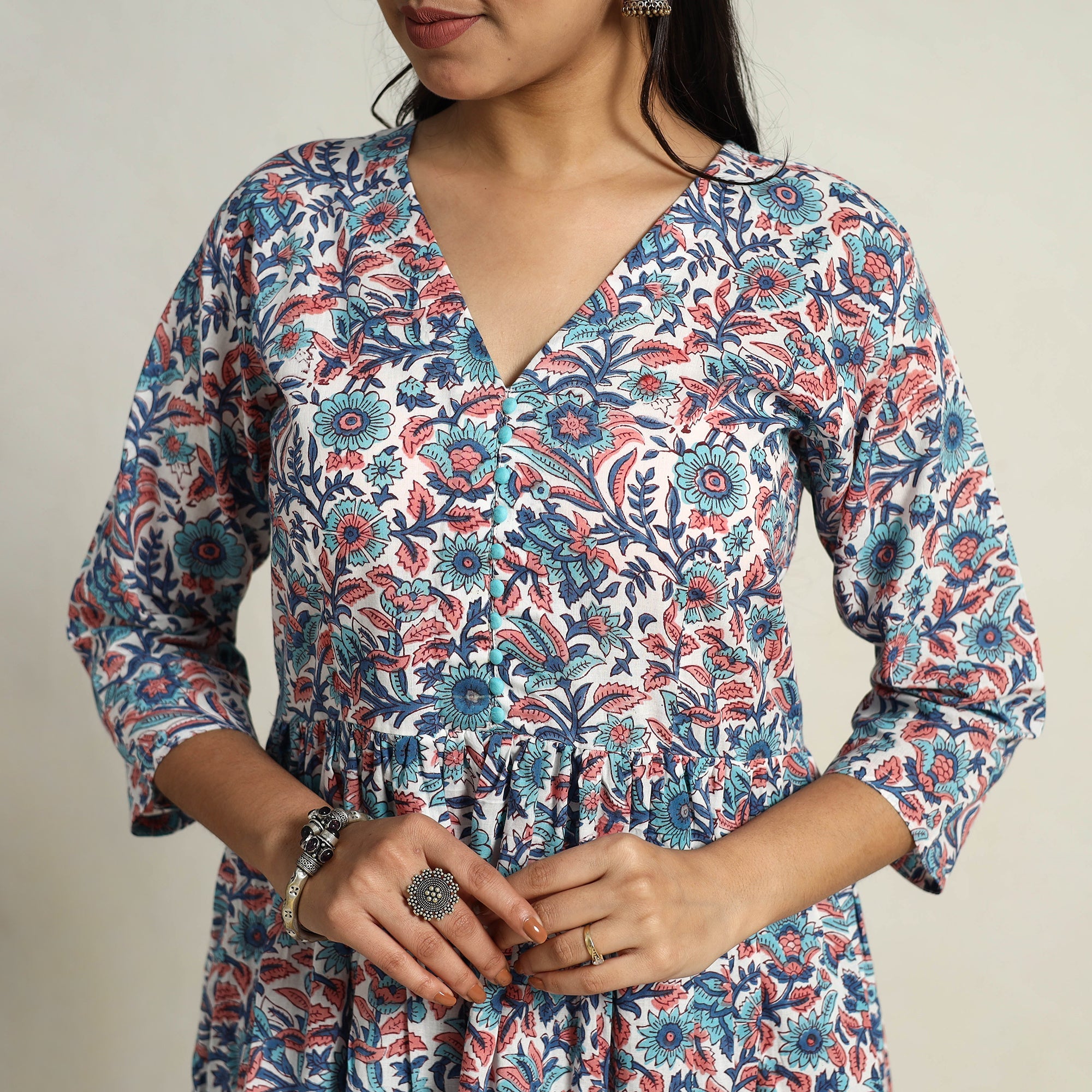  Multicolor Block Print Cotton Flared Sanganeri Kurta Set