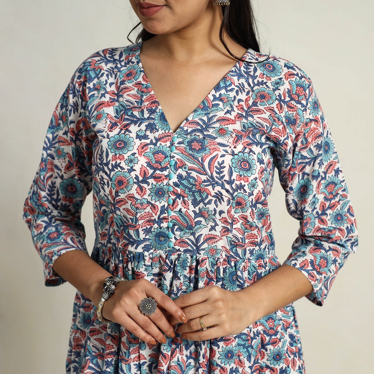  Multicolor Block Print Cotton Flared Sanganeri Kurta Set