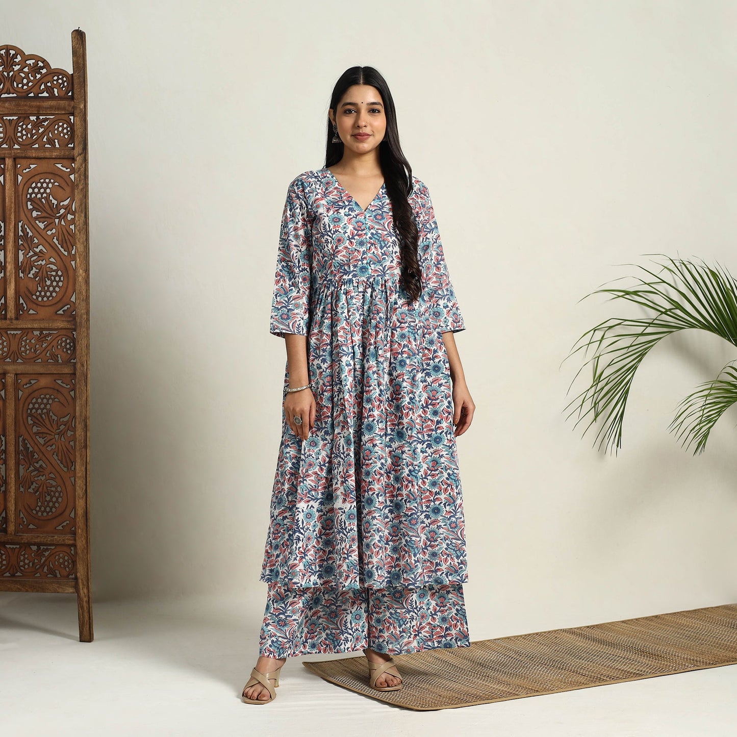 Multicolor Block Print Cotton Flared Sanganeri Kurta Set