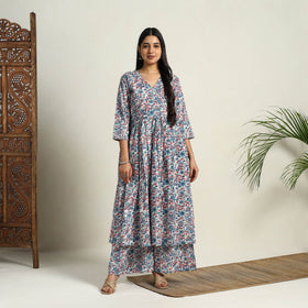  Multicolor Block Print Cotton Flared Sanganeri Kurta Set