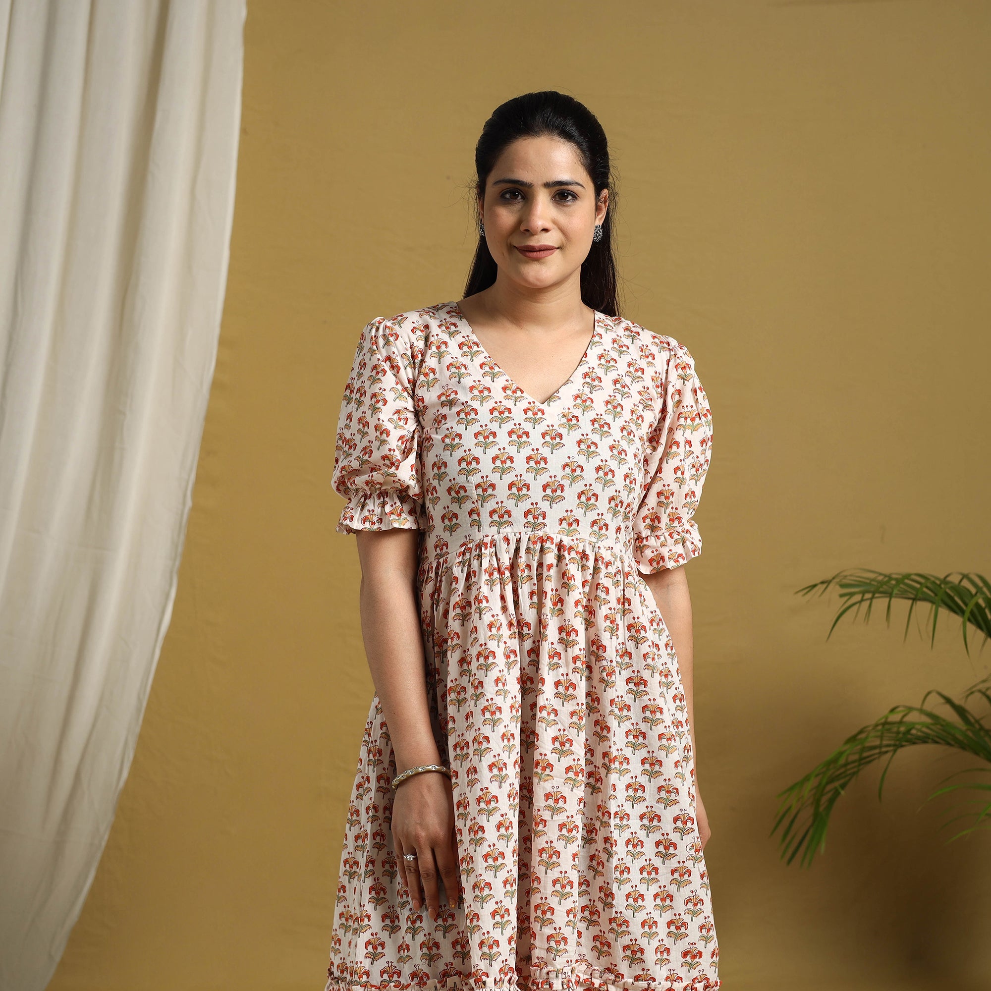  Multicolor Block Print Cotton Frill Sanganeri Dress
