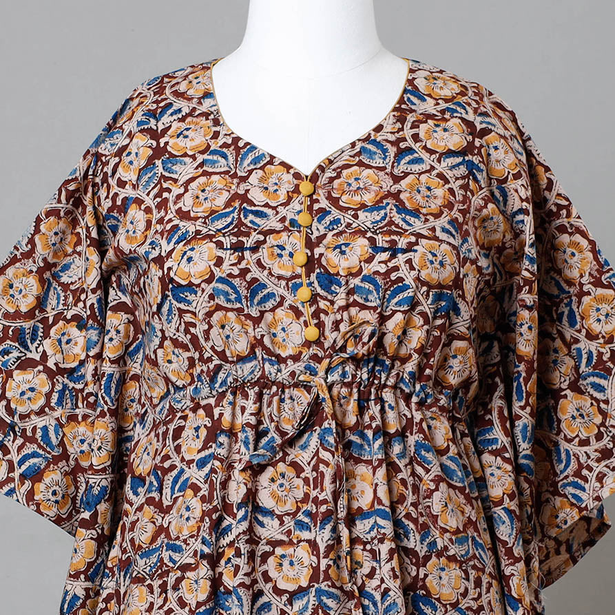 Multicolor Block Print Cotton Kalamkari Kaftan with Tie-Up Waist