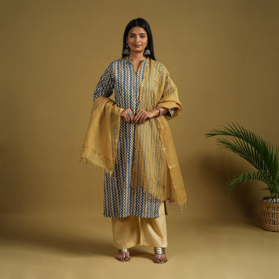 Multicolor Block Print Cotton Ajrakh Kurta Set with Dupatta