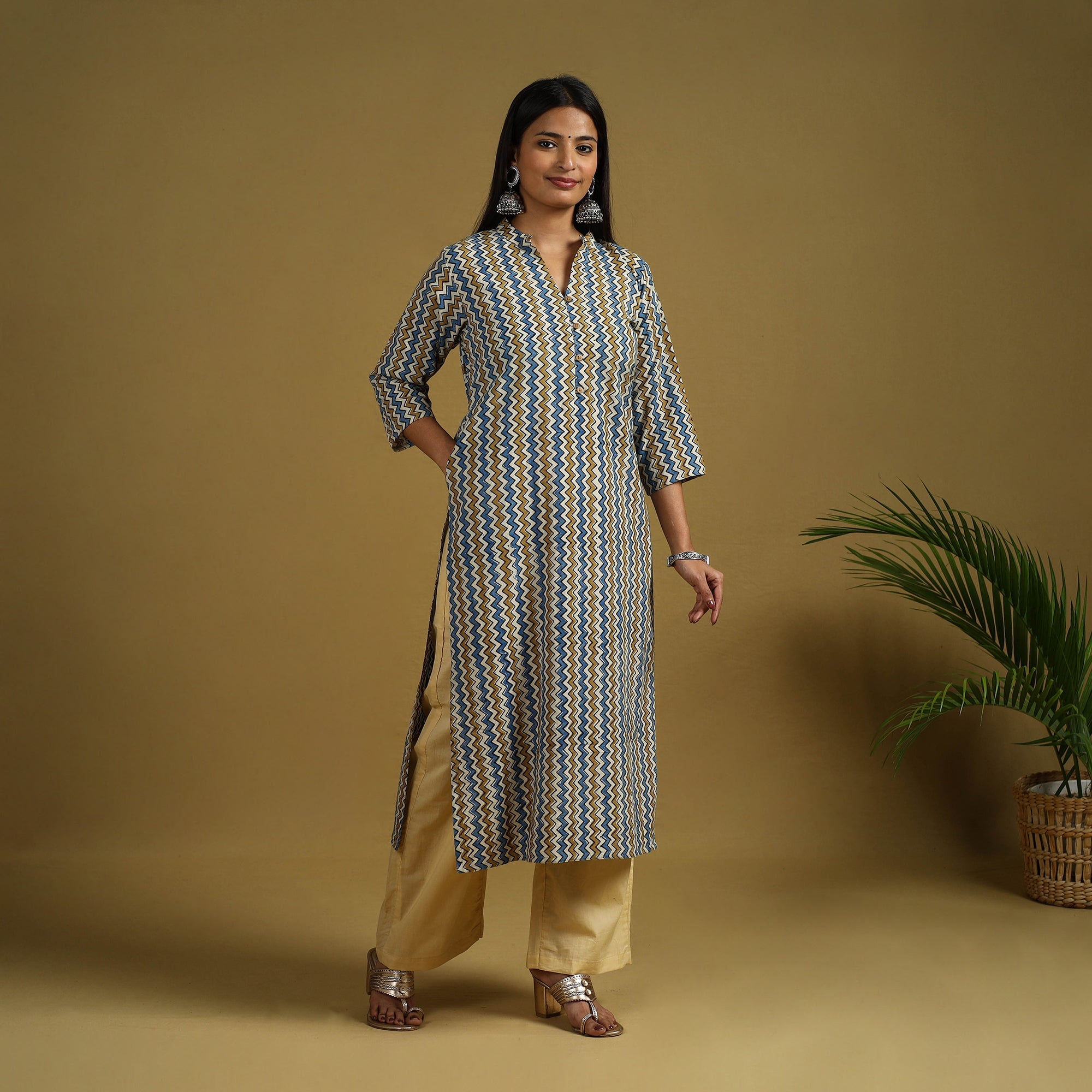 Multicolor Block Print Cotton Ajrakh Kurta Set with Dupatta