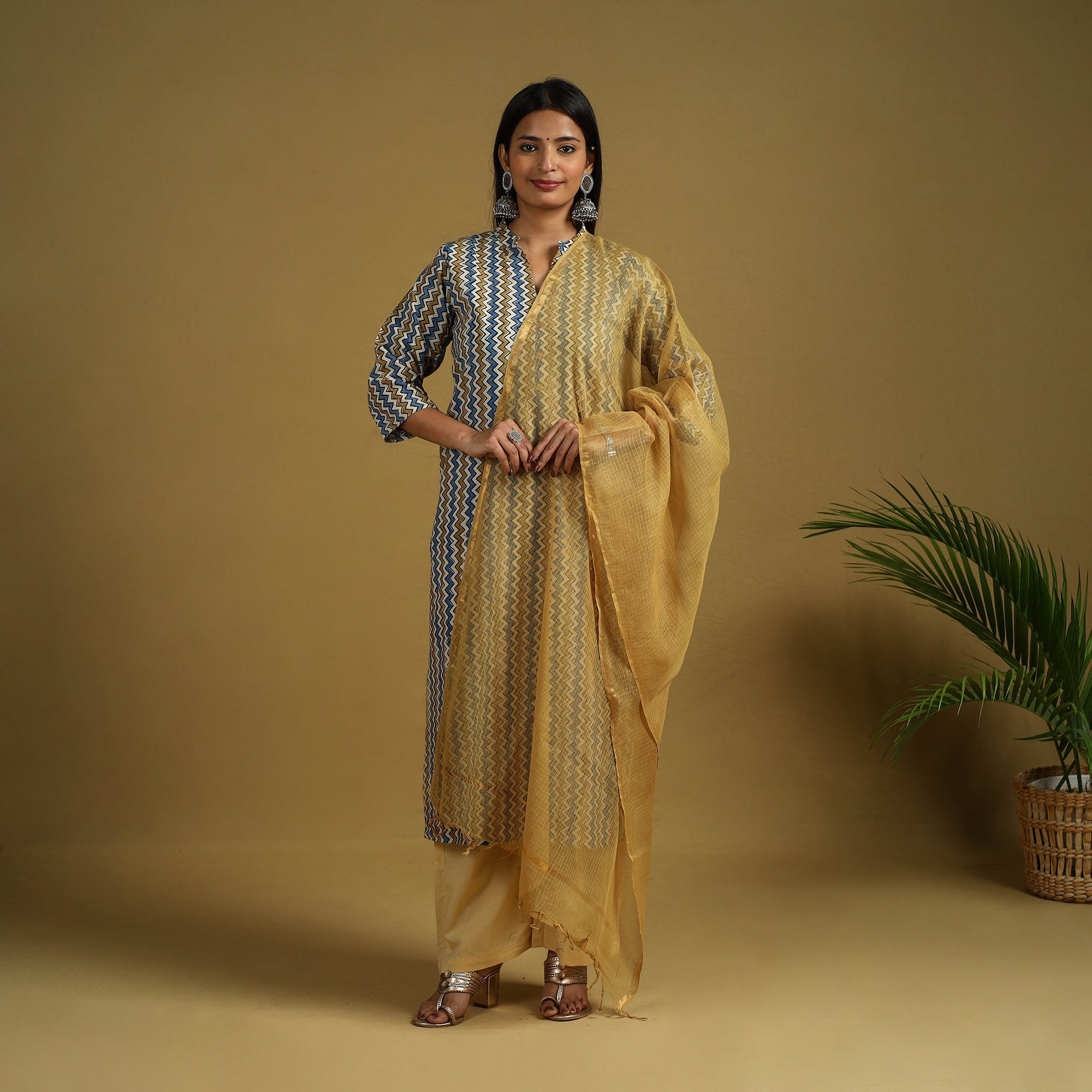 Multicolor Block Print Cotton Ajrakh Kurta Set with Dupatta