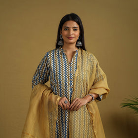 Multicolor Block Print Cotton Ajrakh Kurta Set with Dupatta