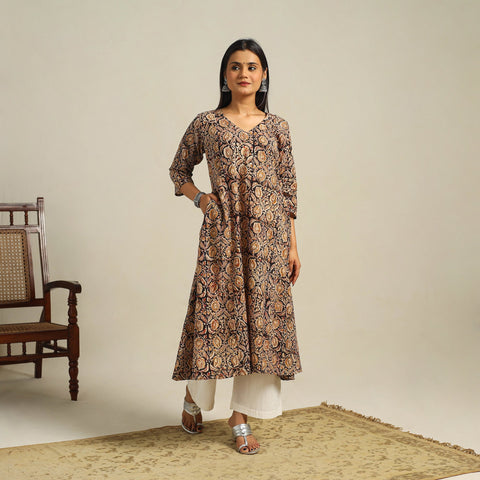  Multicolor Block Print Cotton A-Line Kalamkari Kurta For Women