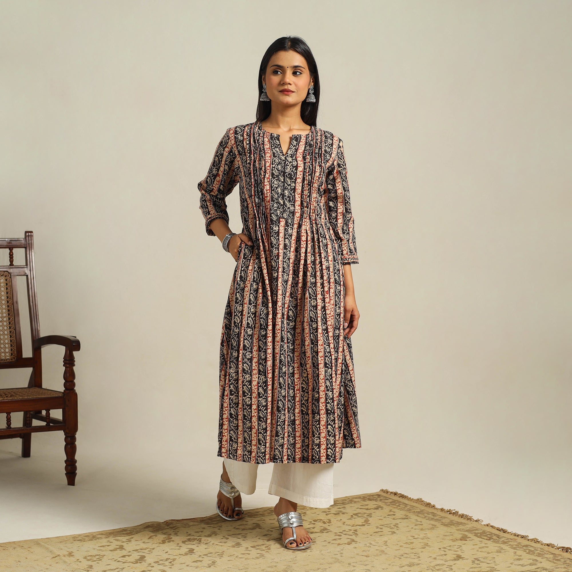  Multicolor Block Print Cotton A-Line Kalamkari Kurta For Women