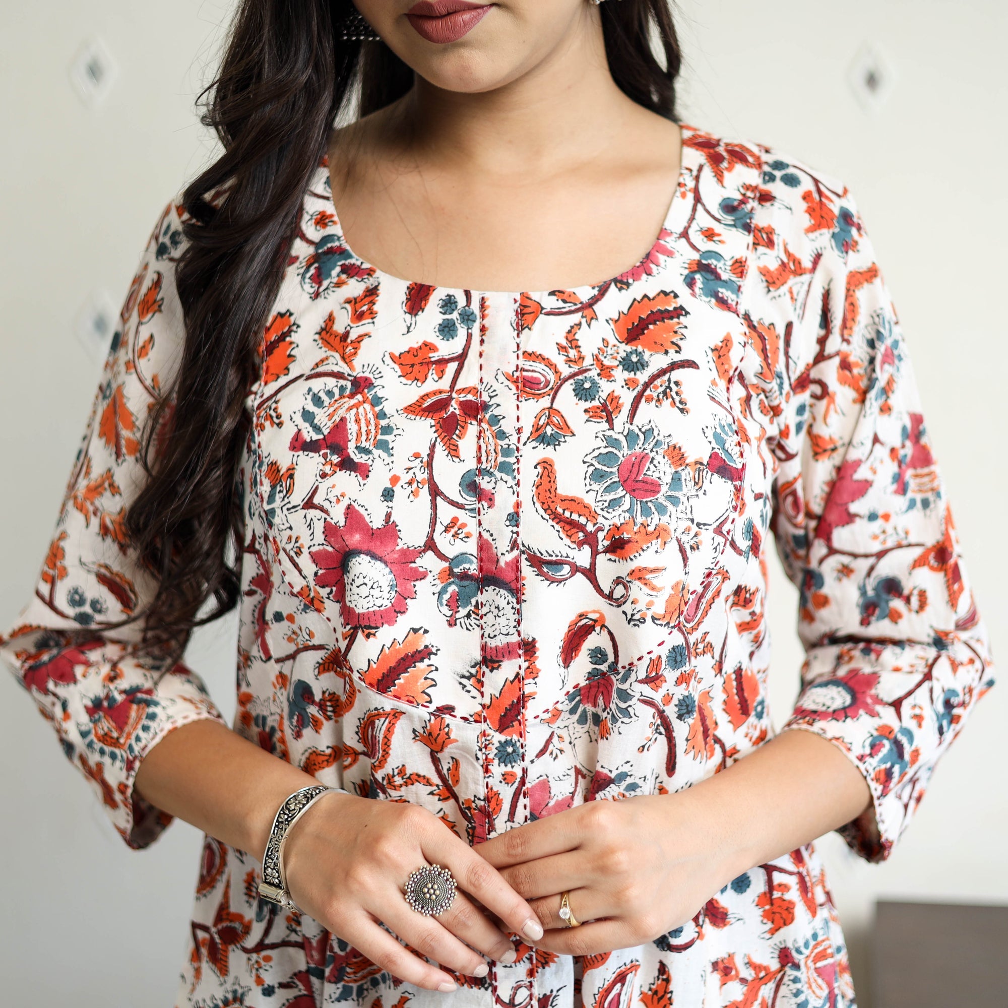 Multicolor Block Print Cotton A-Line Sanganeri Kurta for Women