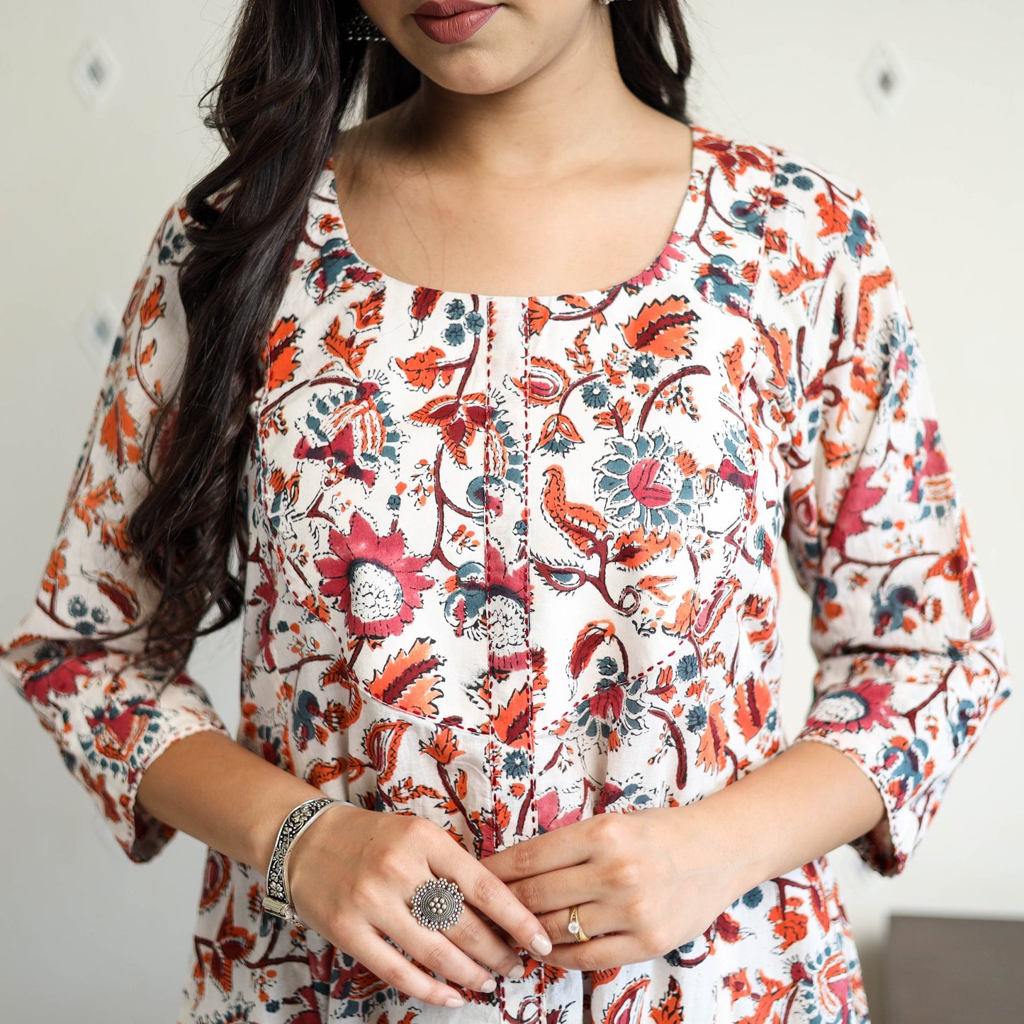 Multicolor Block Print Cotton A-Line Sanganeri Kurta for Women