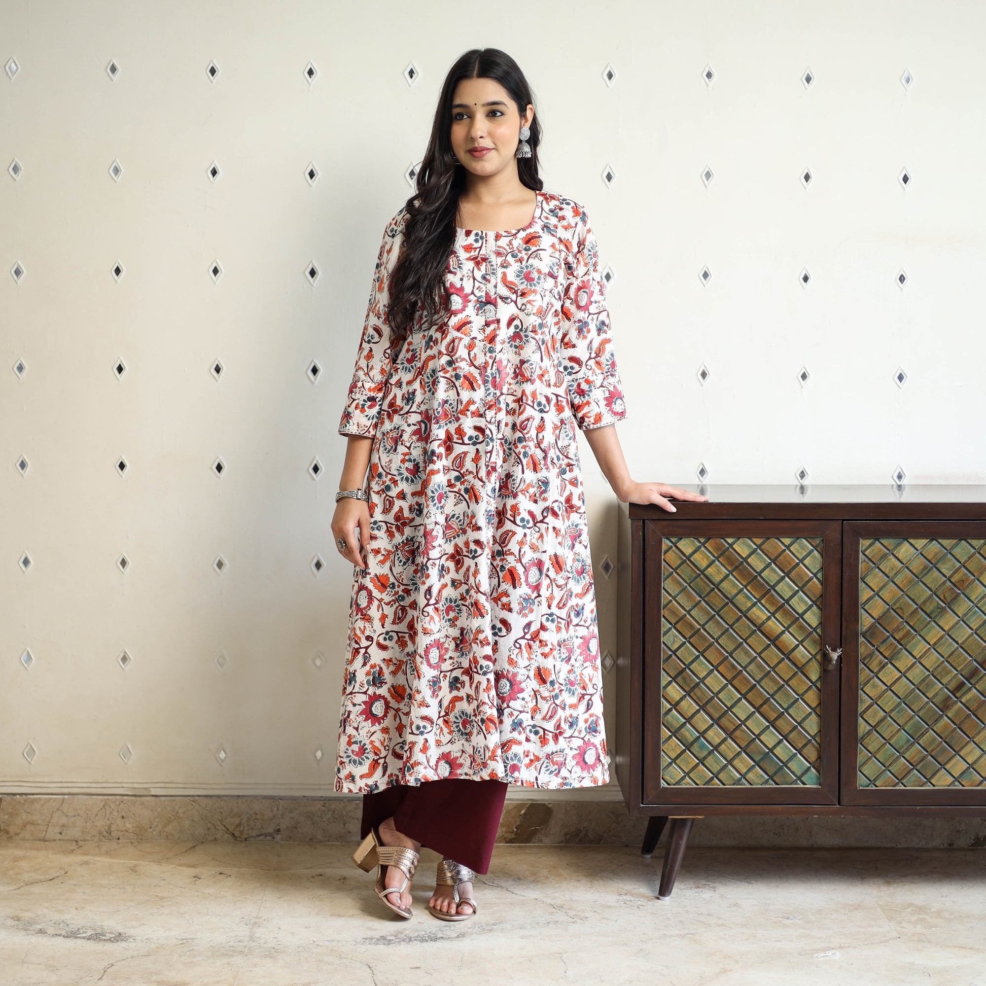 Multicolor Block Print Cotton A-Line Sanganeri Kurta for Women