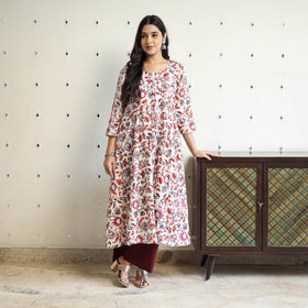 Multicolor Block Print Cotton A-Line Sanganeri Kurta for Women