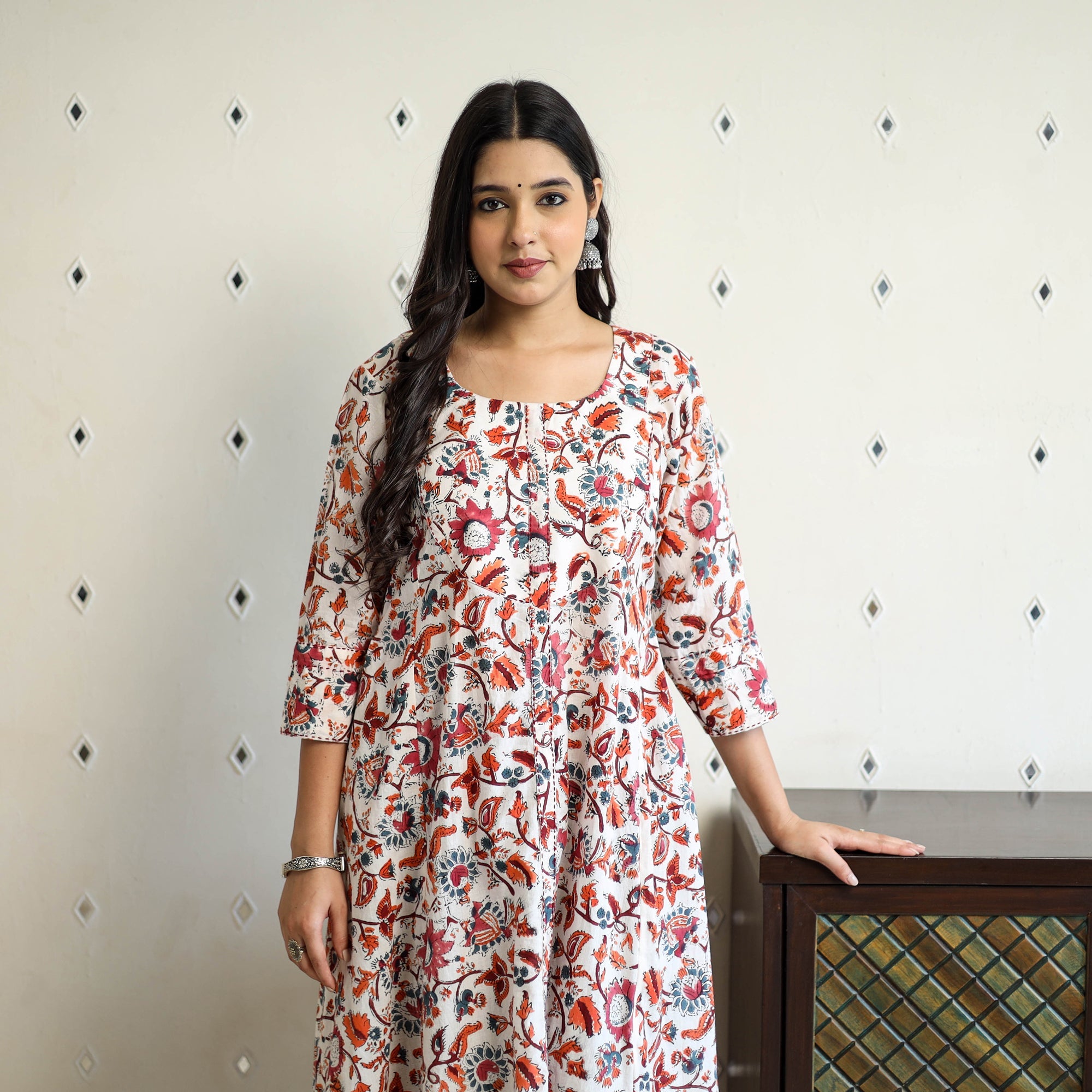 Multicolor Block Print Cotton A-Line Sanganeri Kurta for Women