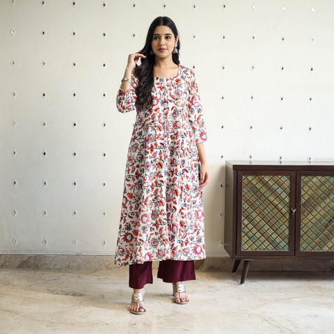 Multicolor Block Print Cotton A-Line Sanganeri Kurta for Women