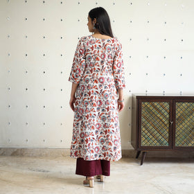 Multicolor Block Print Cotton A-Line Sanganeri Kurta for Women