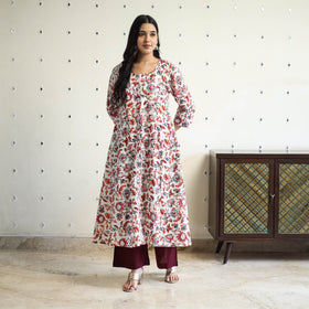 Multicolor Block Print Cotton A-Line Sanganeri Kurta for Women
