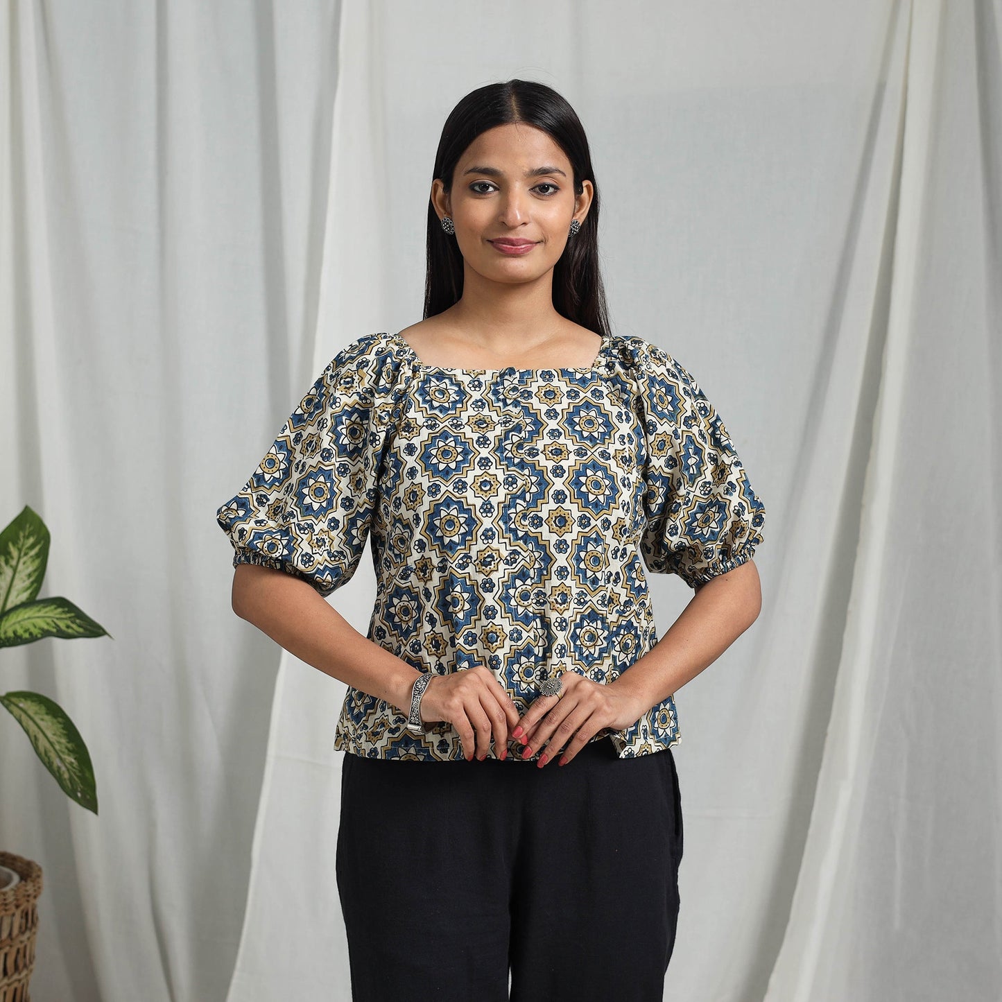 Multicolor Block Print Cotton Natural Dyed Ajrakh Crop Top