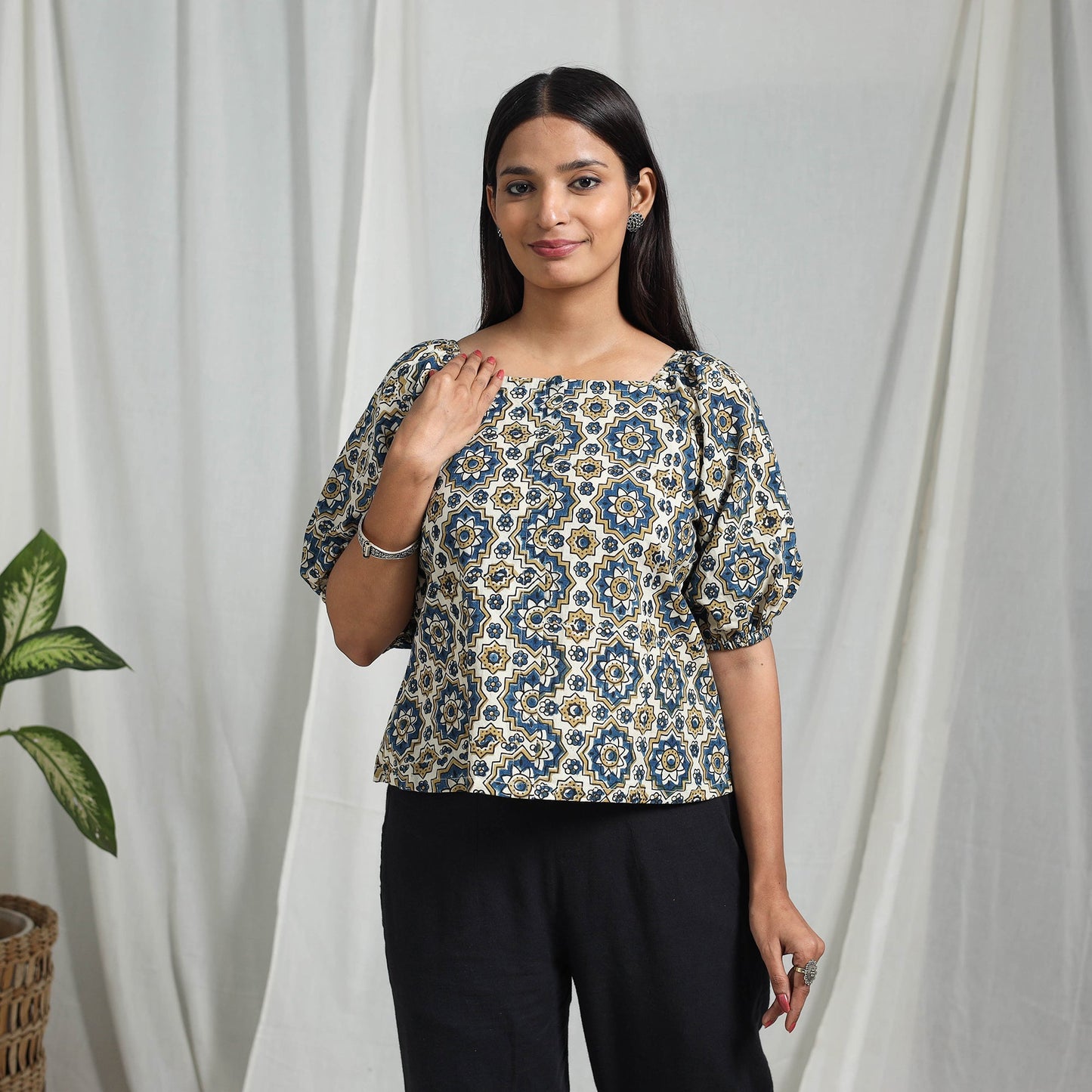 Multicolor Block Print Cotton Natural Dyed Ajrakh Crop Top